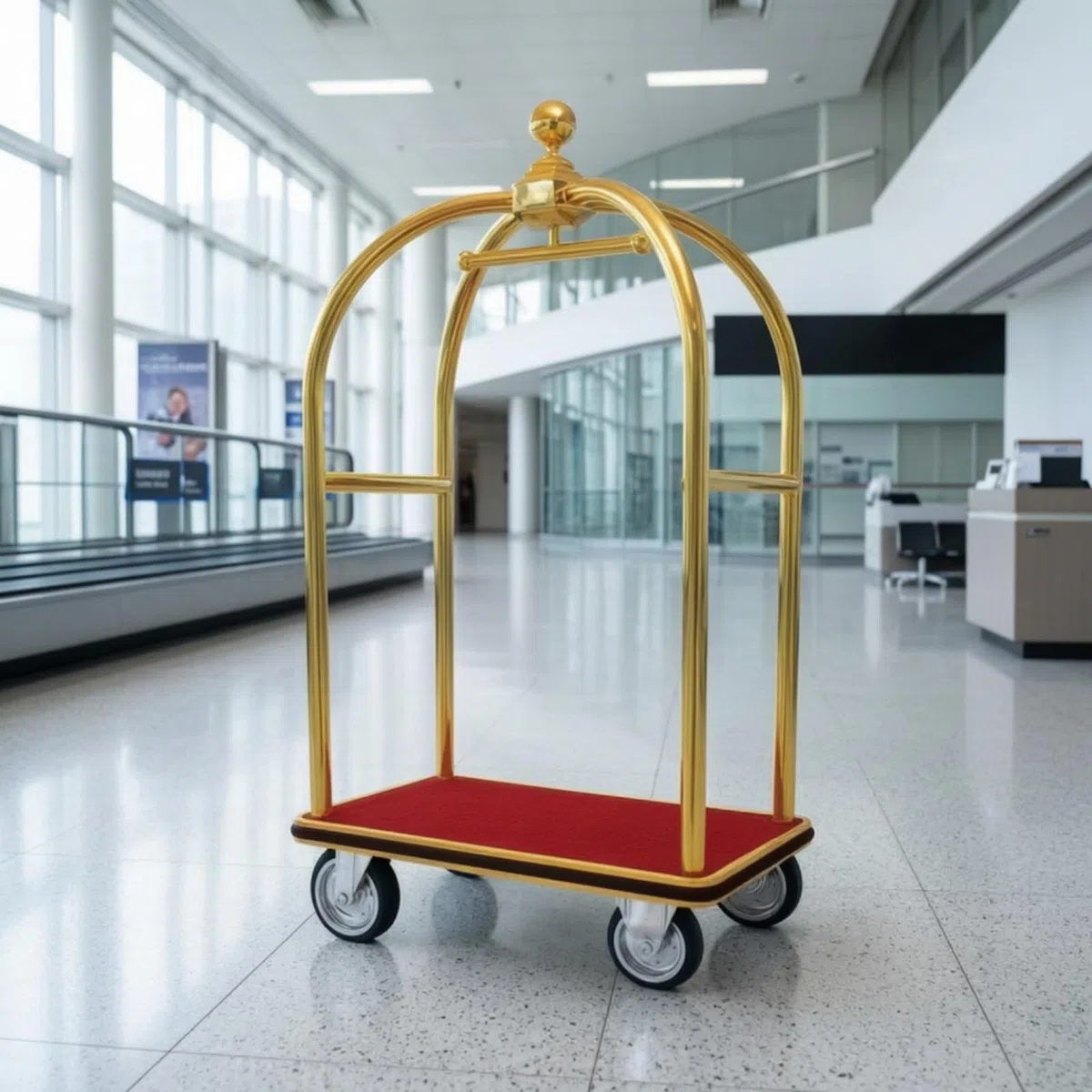 Carrito de Equipaje Carro Maletero Trolley Hotel Diseño Elegante Base Roja Superficie Rectangular Transporte de Maletas Adecuado para Recepción de Hotel Vestíbulo Aeropuerto