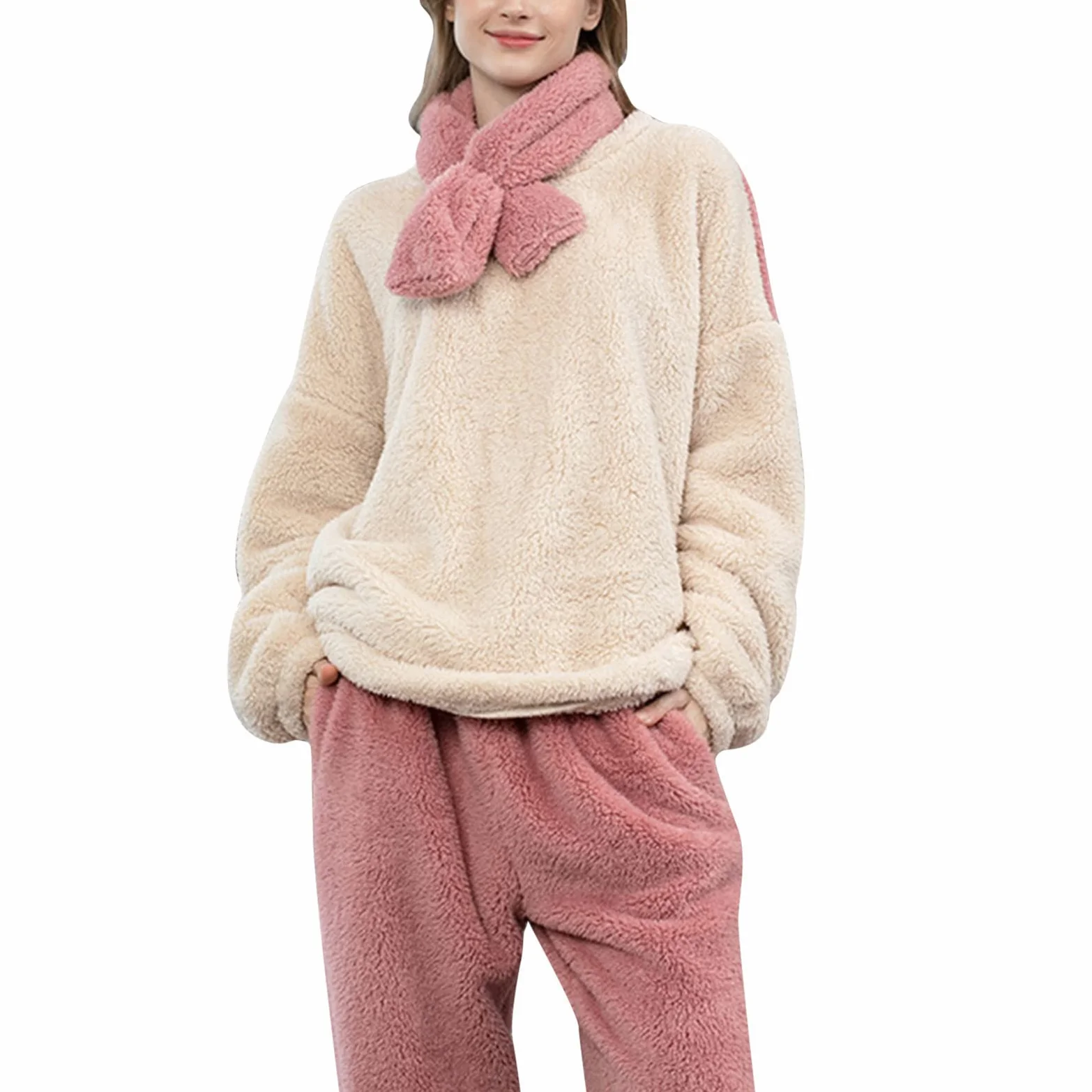 CMBSSTFC Pijamas de invierno para mujer, de forro polar, cálido y acogedor, pijamas térmicos de dos piezas, pantalones largos y camisetas de pijama, traje de jogging, conjunto de pijama de gran tamaño