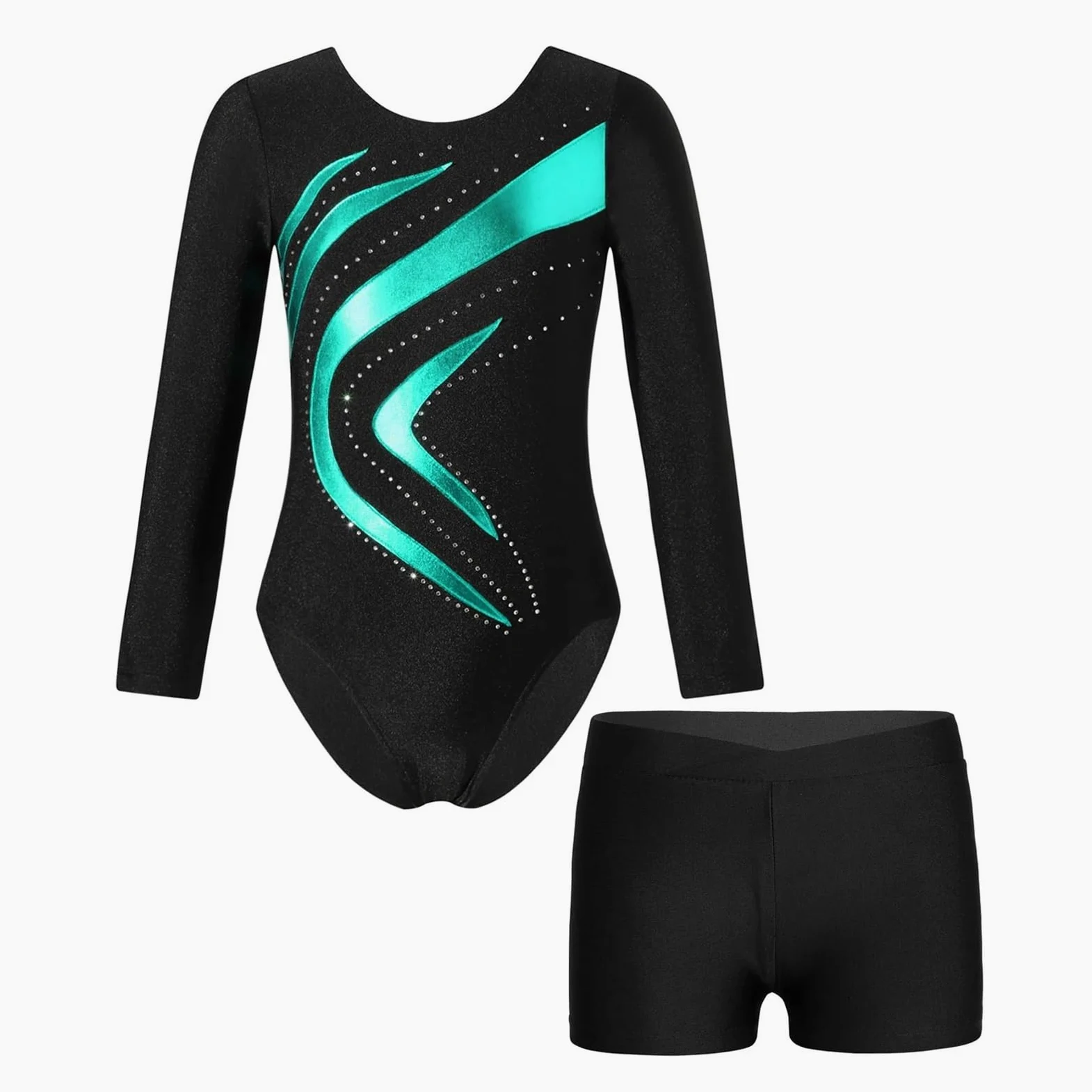 Maillot Gimnasia Ritmica niña Body de Leotardo de Gimnasia de retales for niños, Conjuntos de Ropa de Baile de Manga Larga, Traje de Ballet for niñas, Mono de Patinaje artístico(Blue Green,4)