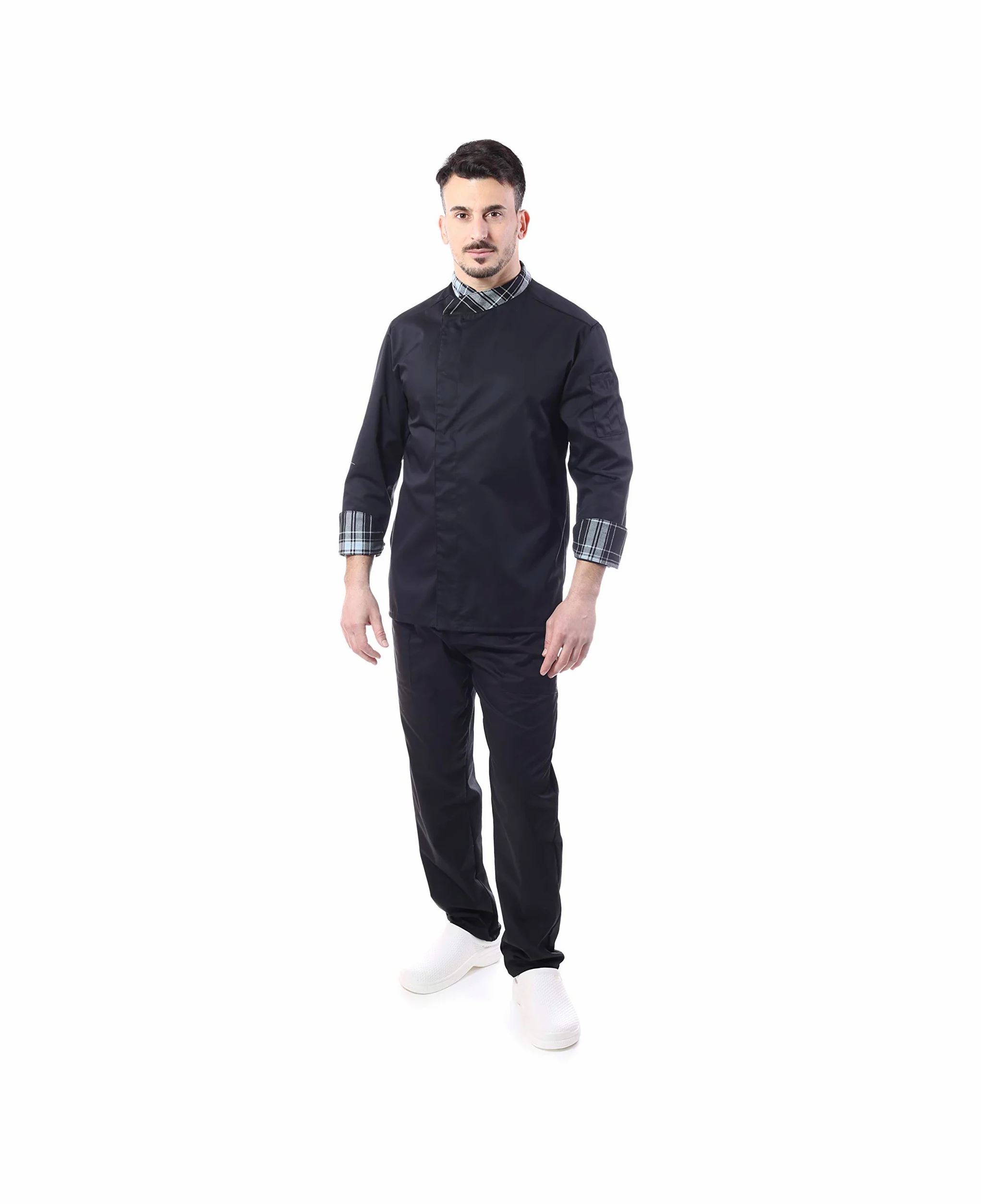 Bordado gratuito, conjunto de cocinero escocés, uniforme para hombre Chef, 4 piezas, chaqueta pantalón delantero, bandana, para cocina y restaurante, fabricado en Italia Scozzese