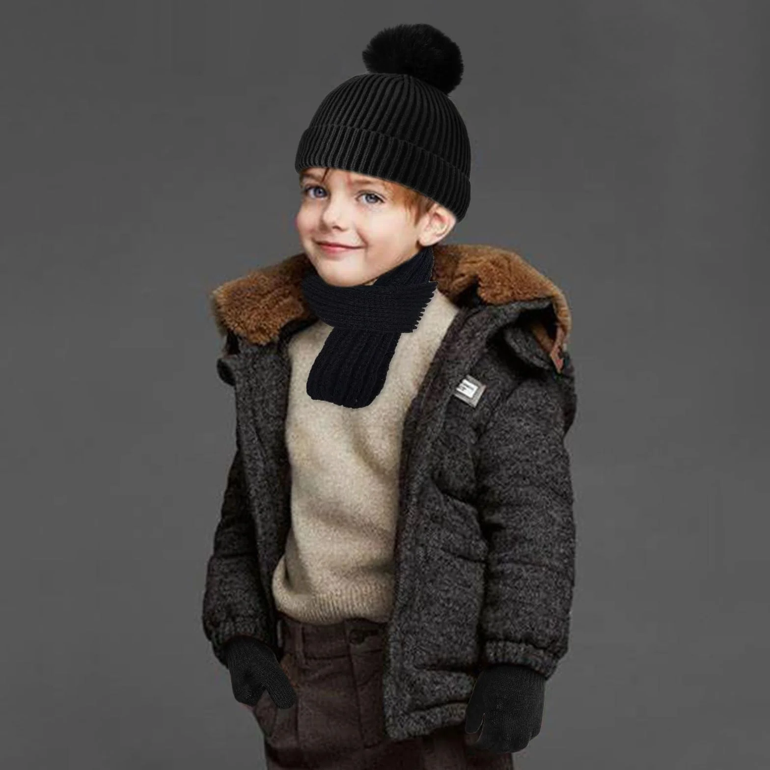 3 Pcs Set Invierno Cálido para Niños: Gorro Beanie, Bufanda y Guantes de Punto