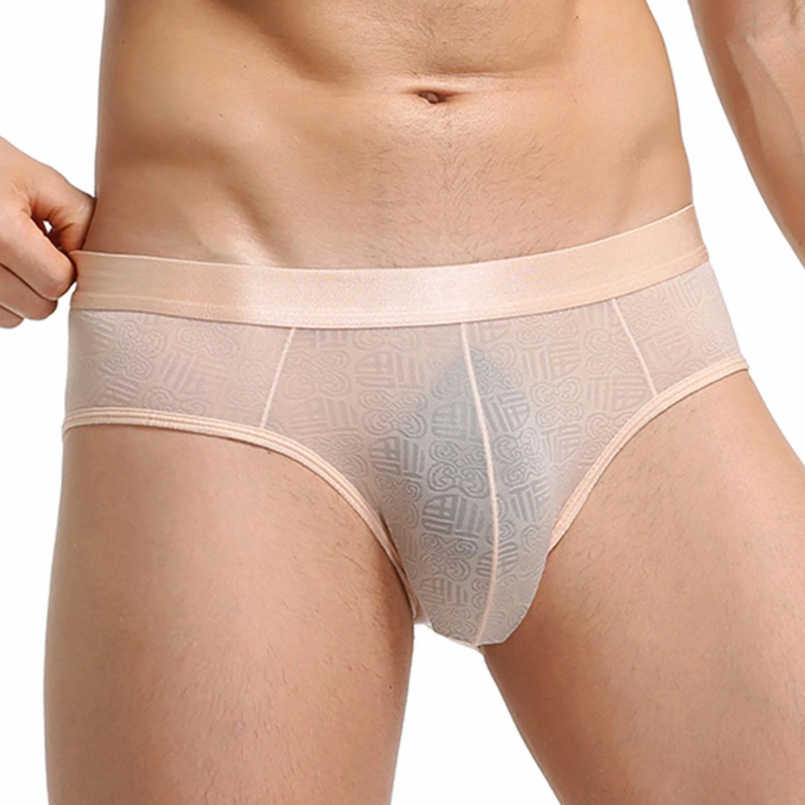 Calzoncillos de seda helada para hombre con malla transparente, diseño estampado, cintura baja