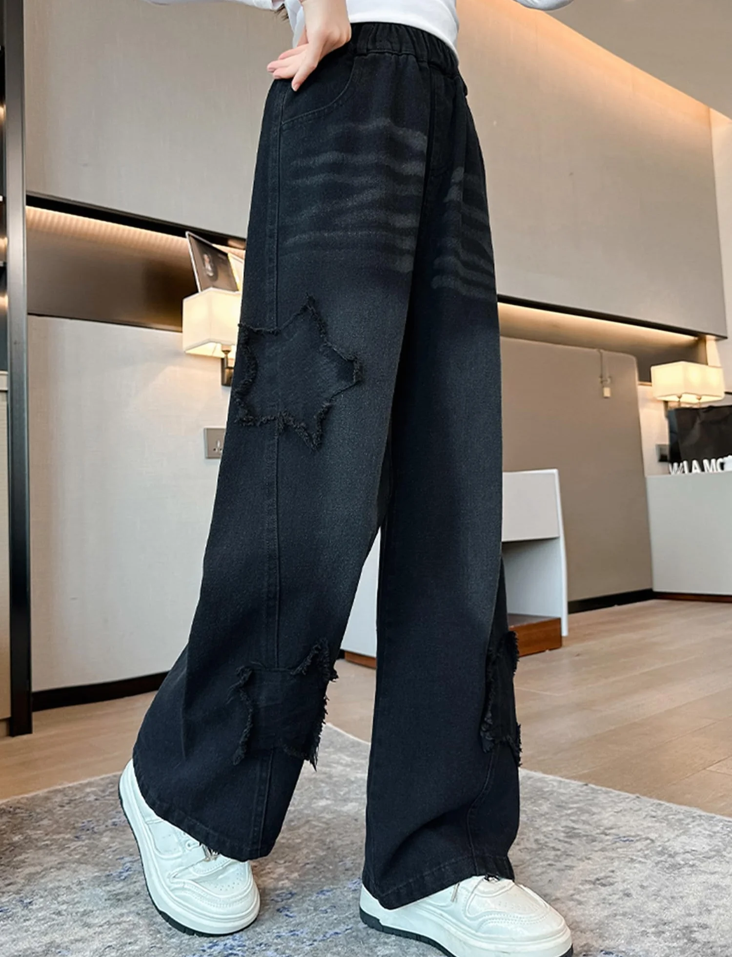 SEAUR Pantalones vaqueros para niña, pierna ancha, holgados, con cintura elástica Y2K, pantalones vaqueros con estampado de estrellas, para niños, 120-170 = (EU 110-164)