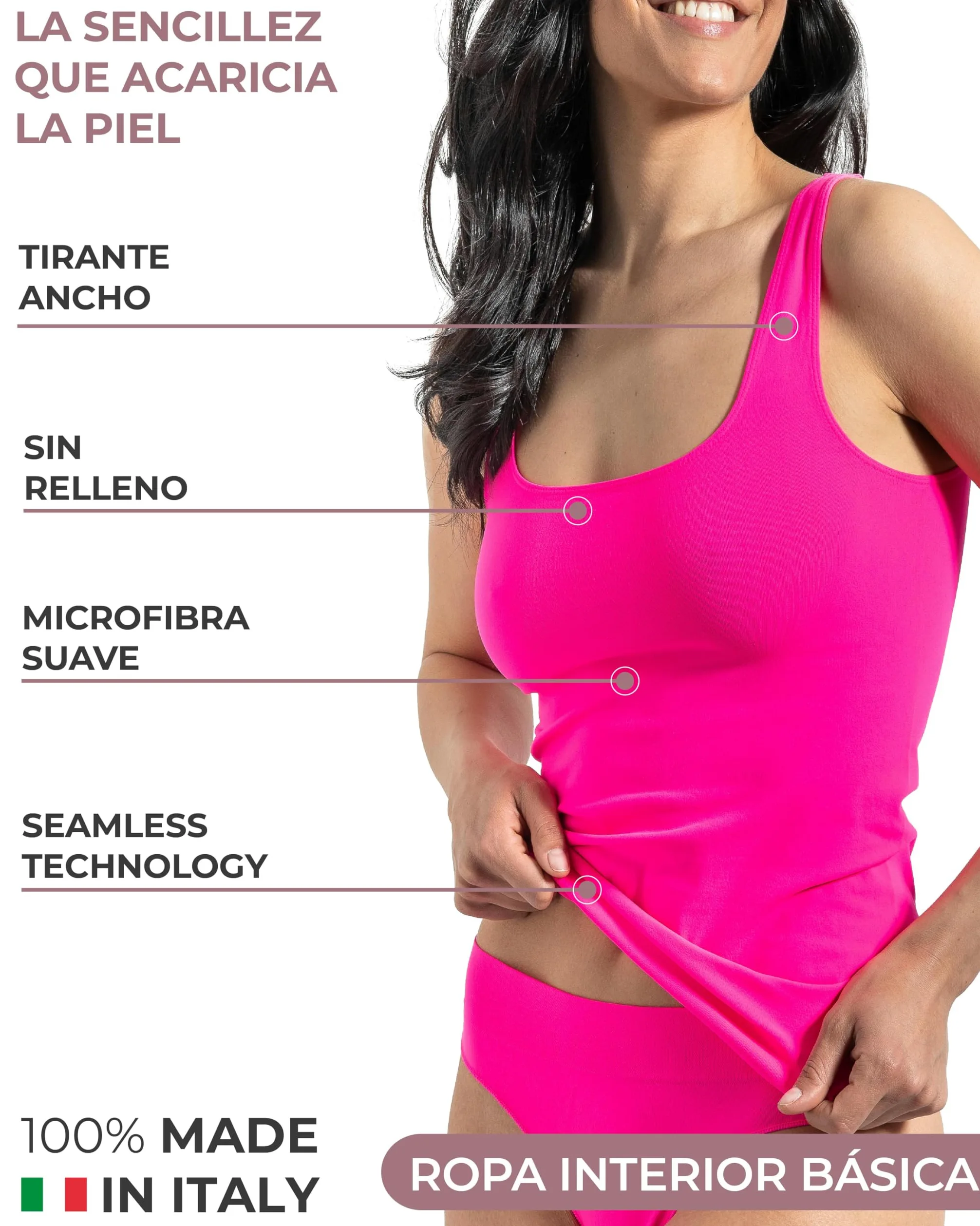 Risalti Camiseta Tirantes Mujer Hombro Ancho de Microfibra 3 Pzs - Camiseta Mujer Sin Manga Elegante, Top más Suave Que el Algodon, Camisetas Sin Costura y Etiquetas - Made in Italy