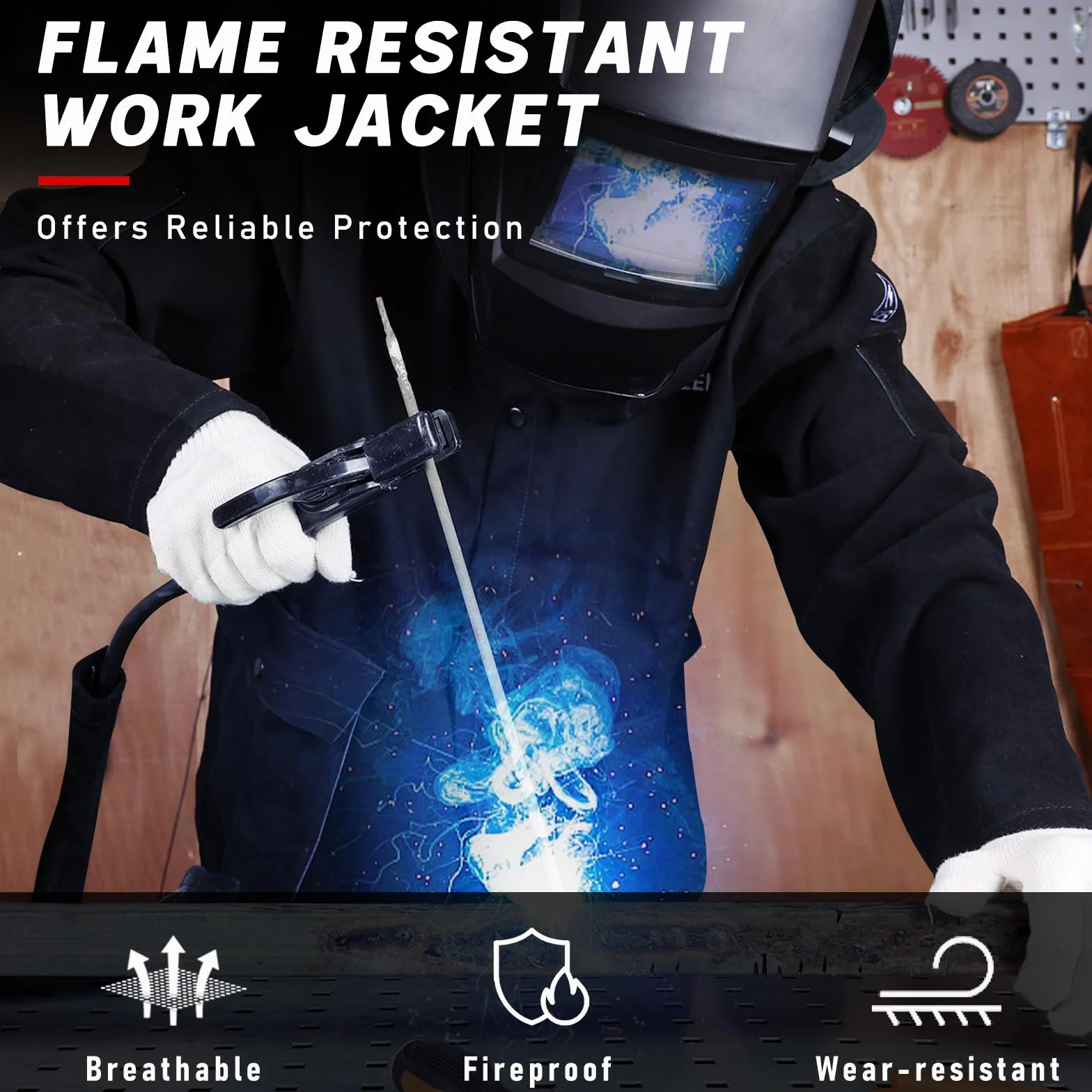 LeaSeek Chaqueta de soldadura de algodón resistente al fuego (FR) con mangas de cuero, abrigo soldador de seguridad para el trabajo para hombres y mujeres