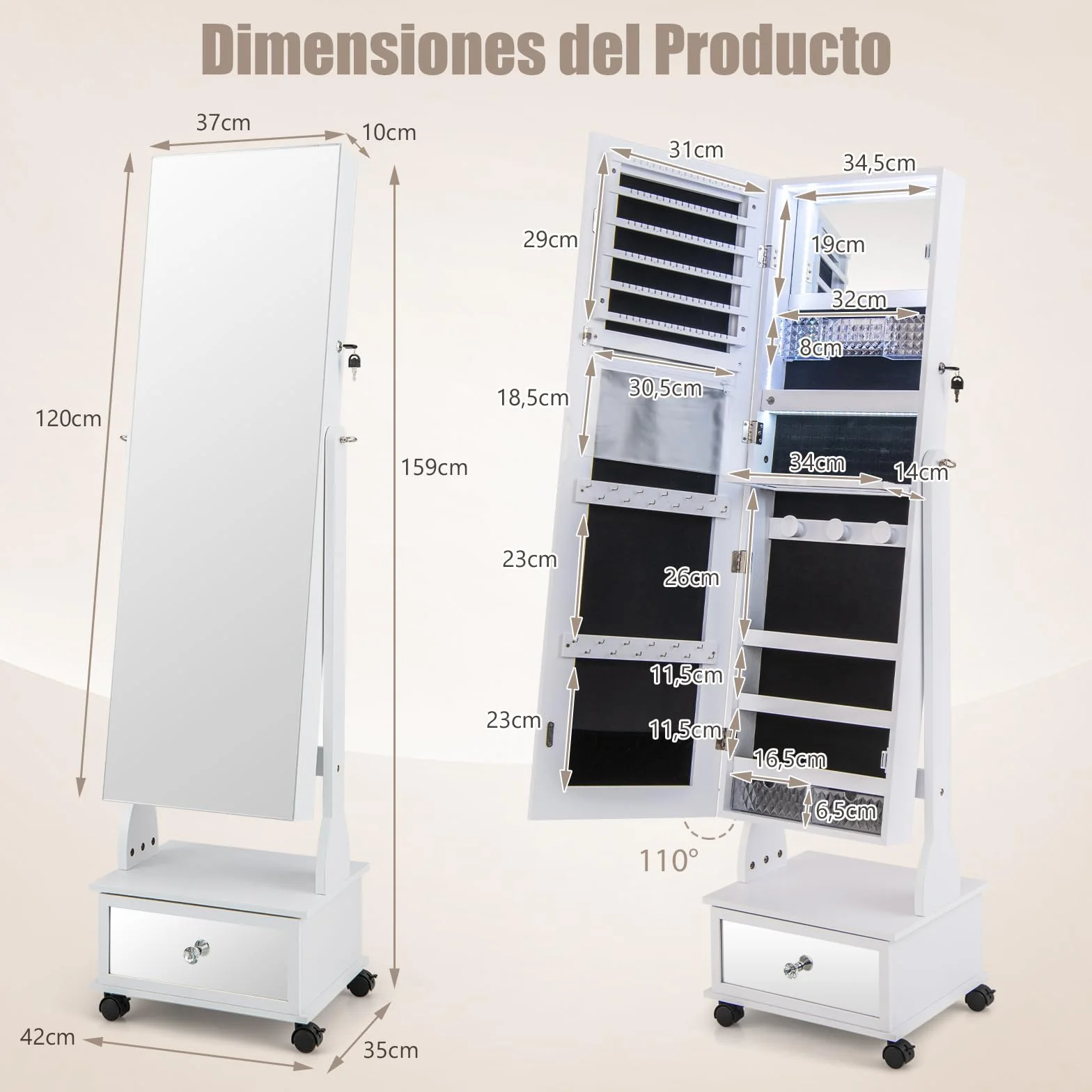 COSTWAY Armario para Joyas, Espejo Joyero de Pie Con Luces LED de 3 Colores, Espejo de Pie Cuerpo Entero con Cerradura, Cajón y 4 ruedas, Almacenamiento de Joyas Con Espejo de Maquillaje (Blanco)