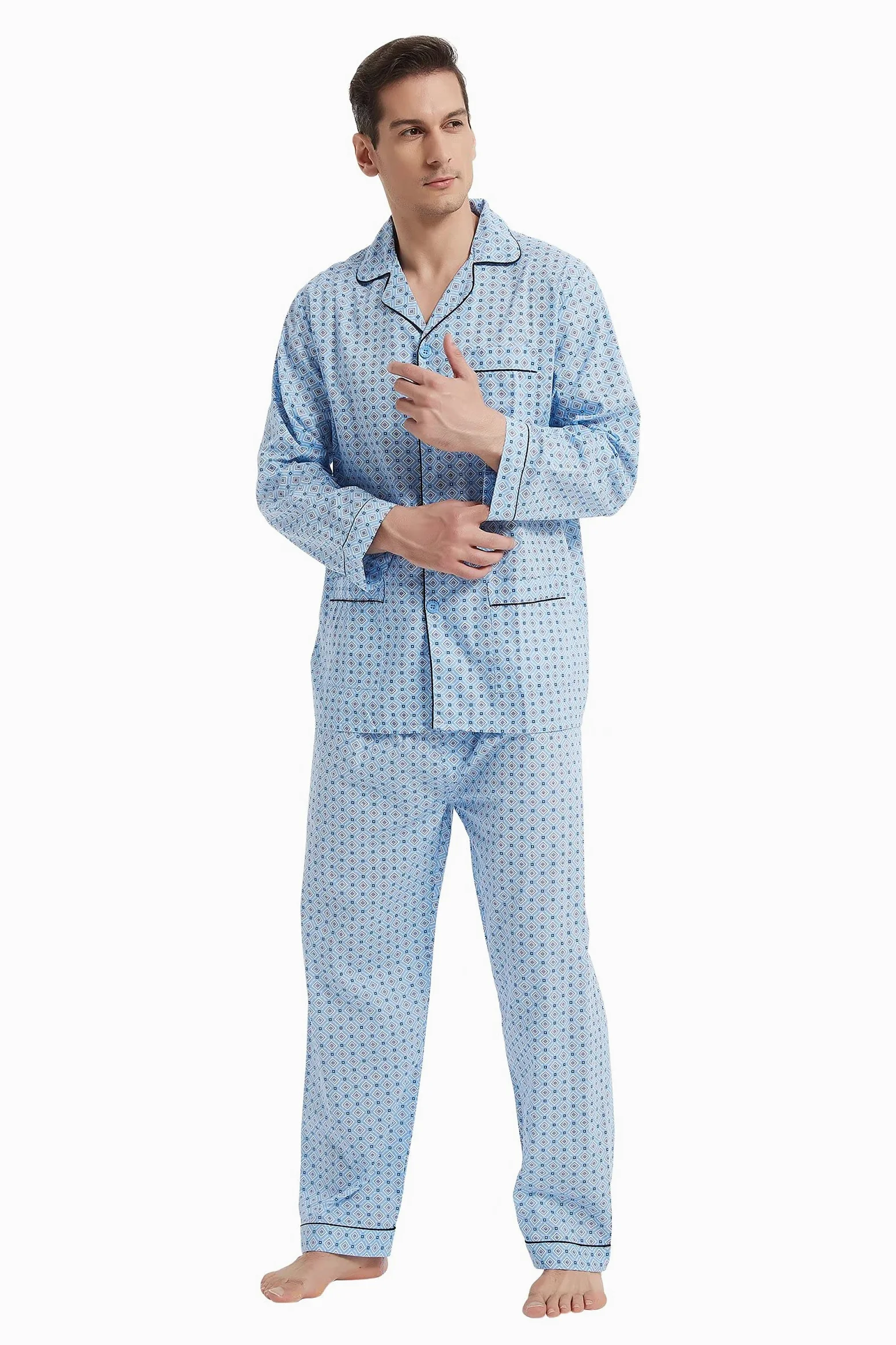 GLOBAL Pijama Hombre 100% Algodón Ropa de Dormir Manga Larga con Botones Cordón Transpirable Conjunto de Pijama Hombre Ropa de Estar por Arriba y Abajo S-3XL