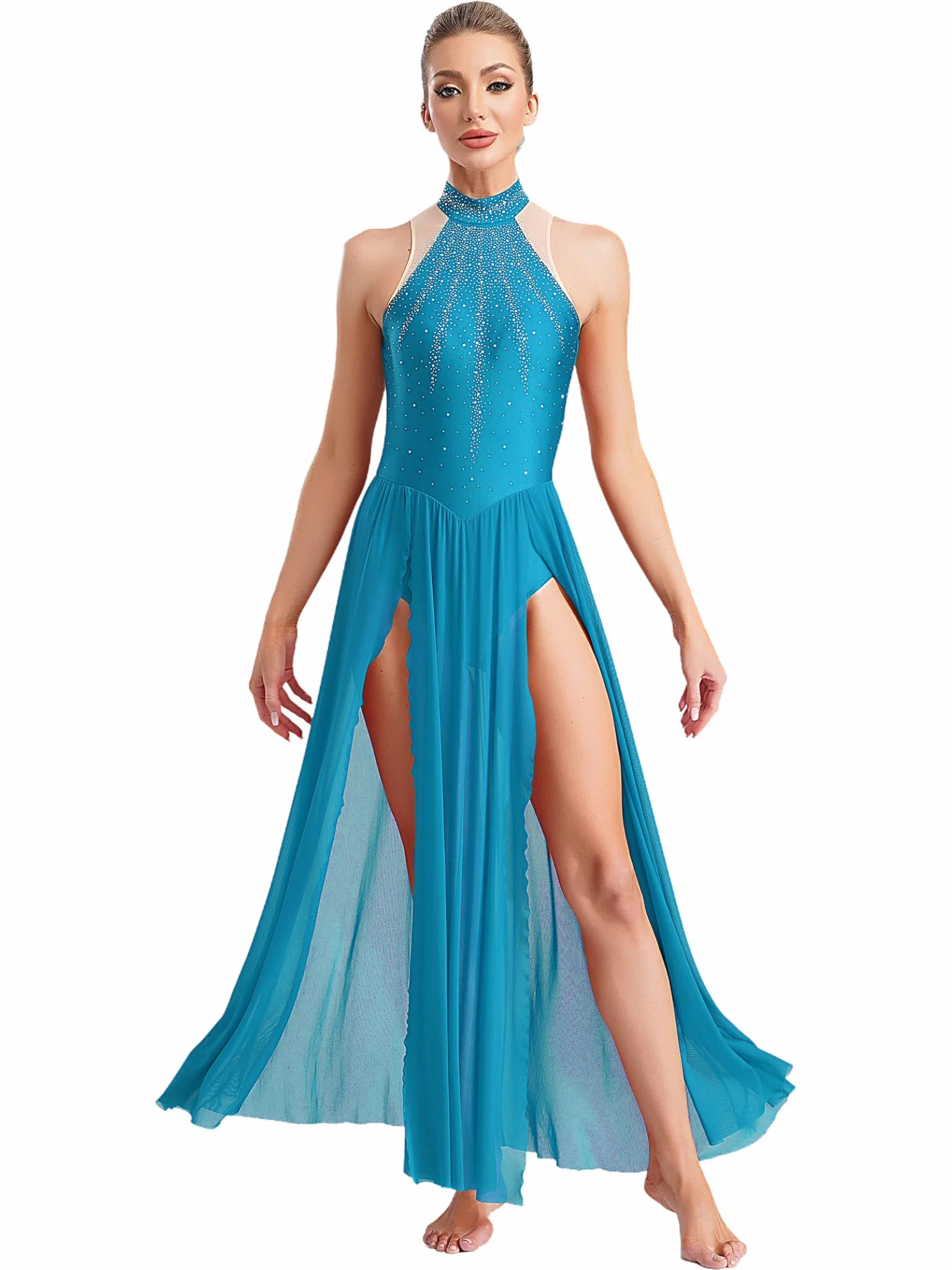 Vestido de Baile Largo Lírico Ballet Chispeante Rhinestone Salón de Baile Vestido de Tango con Swing Vestido Dancewear