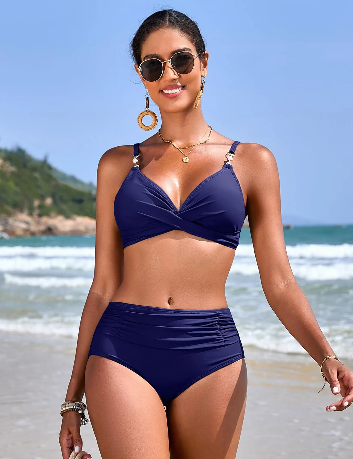 Nadeer Traje de Baño Mujer Top Cruzado Cuello en V Dos Piezas con Perlas Sexy Bikini Control Vientre Cintura Alta Bañador Playa