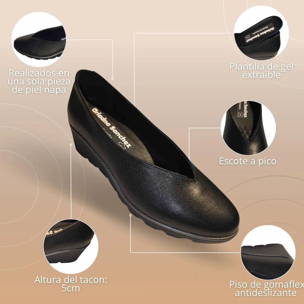 Zapatos Salón Mujer Vesta Cuña Plataforma, Cómodos, Azafatas, Trabajo. Calzado de Piel Fabricados en España Cuña Media 5cm