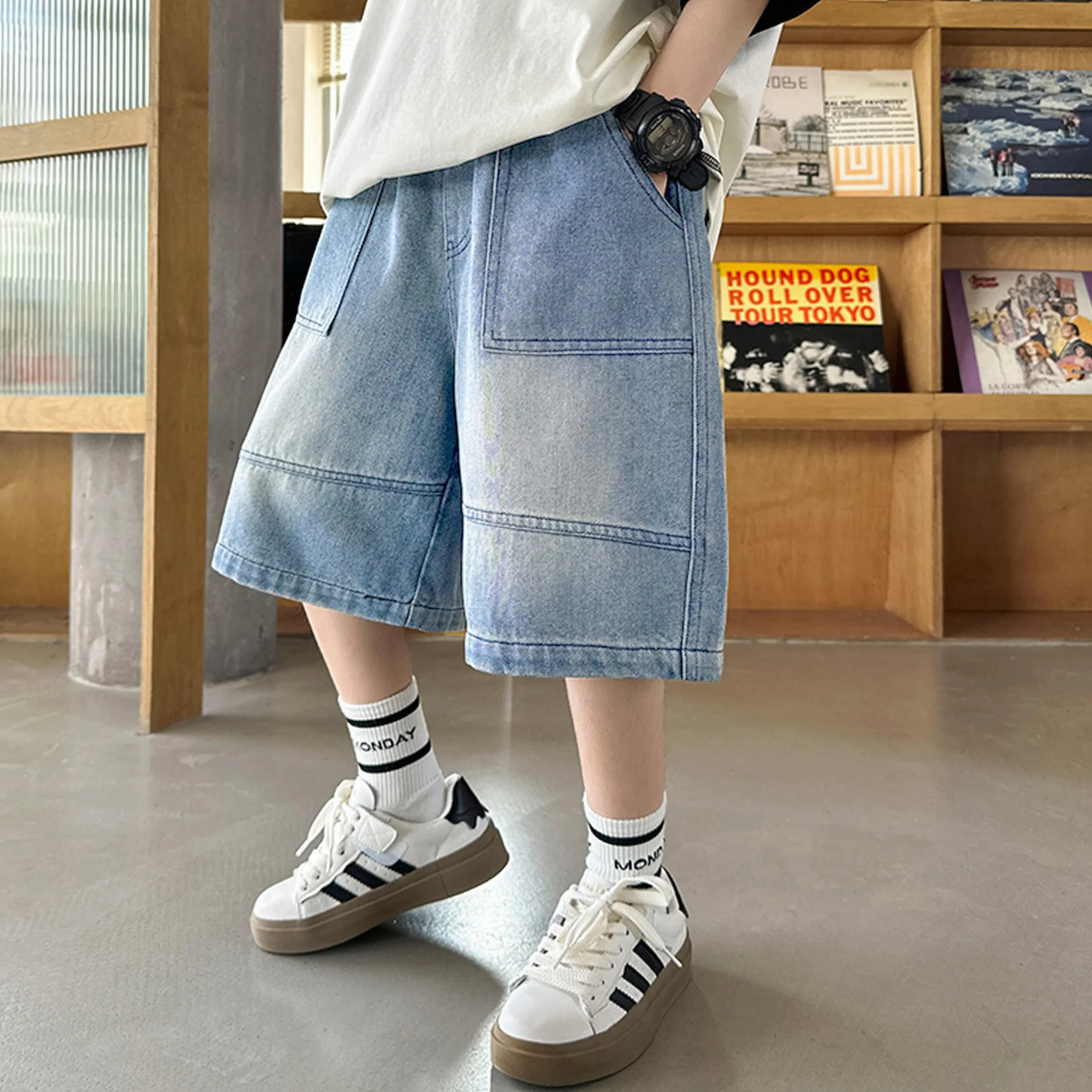 Pantalones Cortos Vaqueros Holgados para Niños, Cintura Elástica Pierna Ancha