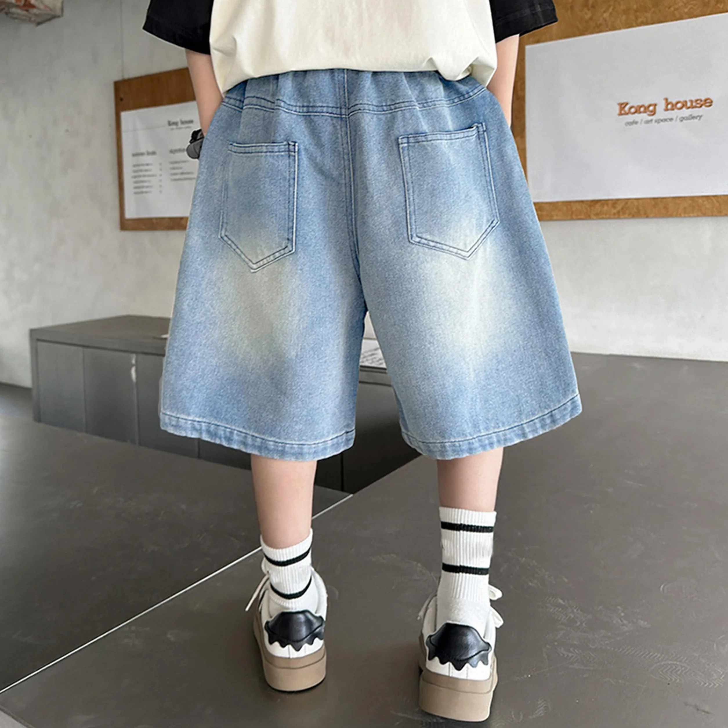 Pantalones Cortos Vaqueros Holgados para Niños, Cintura Elástica Pierna Ancha