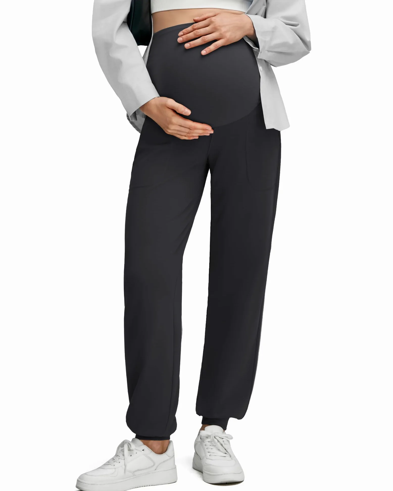G4Free EverGoing - Pantalones de maternidad elásticos para entrenamiento y descanso sobre el vientre, pantalones deportivos para embarazo, con bolsillos