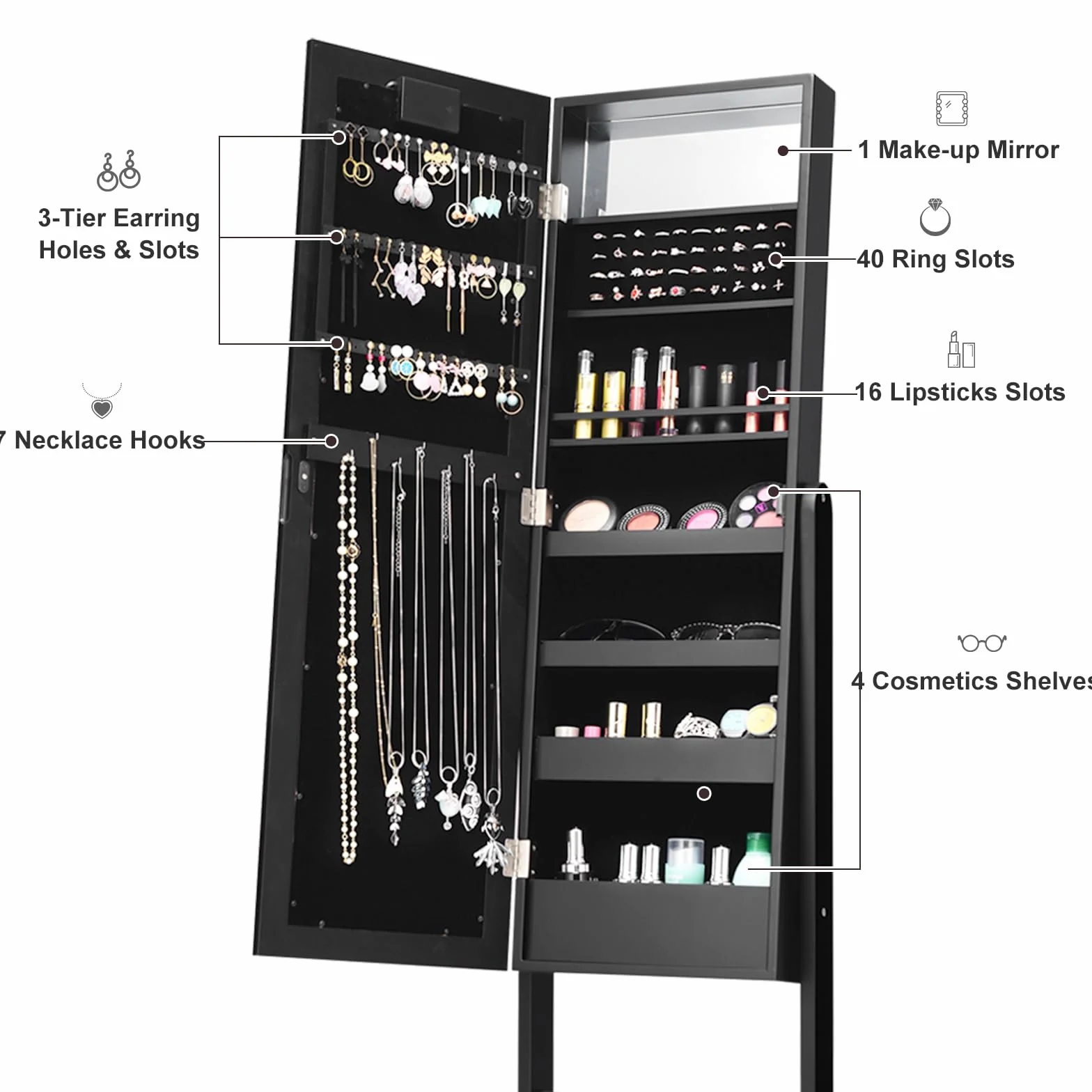 HOMASIS Armario Joyero de Suelo Con Espejo y Luces LED - Contenedor Con Marco para Joyas, Cosméticos - para Cama, Baño (Negro)