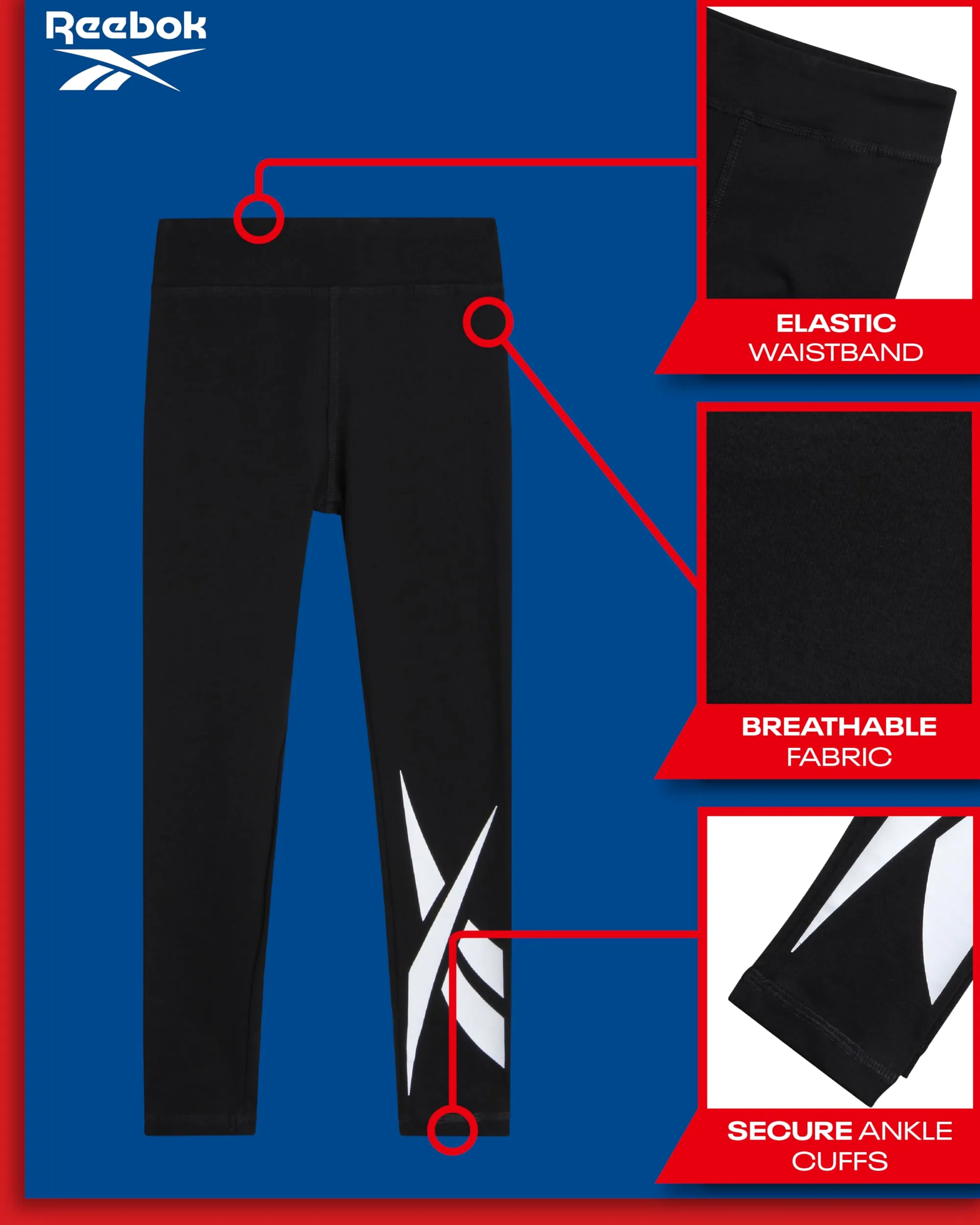 Reebok Leggings para niñas, leggings de algodón de rendimiento atlético, pantalones de yoga elásticos para niñas, mallas de baile (tallas: 7-12)