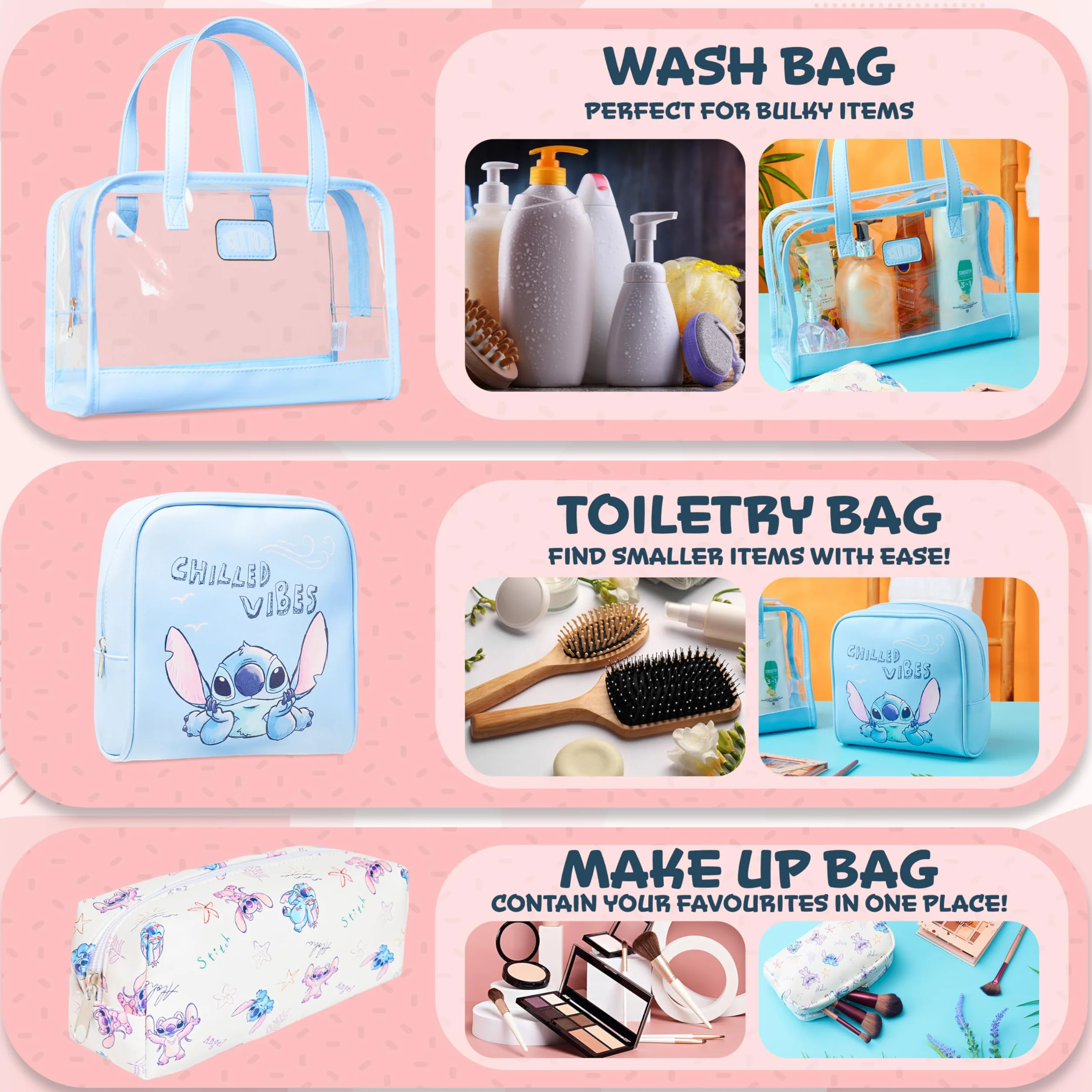 Get Trend Disney Stitch Neceser Mujer y Niña, Set de 3, Neceser Maquillaje, Bolsa de Cosméticos y Viaje Uso Diario, Regalo para Mujer Niña (Azul Stitch)