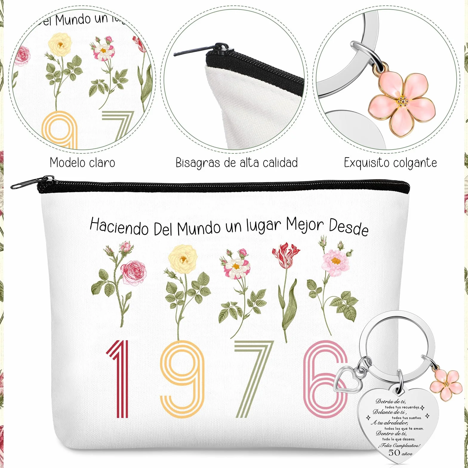 Xuniea Regalo Cumpleaños para Mujer, Bolsa de Maquillaje Arcoíris, Bolsa de Lona, Llavero de Acero Inoxidable, Regalo para Cumpleaños Aniversario Despedida Navidad (50 Años)