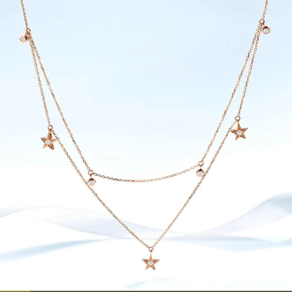 Collar con colgante, collar de cadena para mujer, estrella de doble capa con diamante de 0,14 quilates, oro rosa de 9/14/18 quilates, 45 cm
