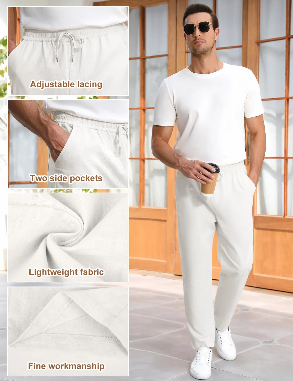 Heekpek Pantalones de Lino para Hombre - Cómodos y Ligeros Pantalón Casual de Verano Con Cordón