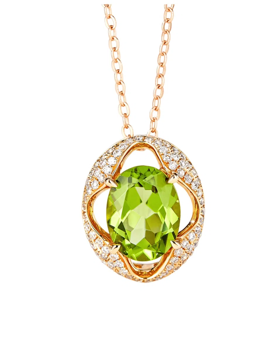 Collares para mujer a la moda, colgante de flor hueca de oro amarillo con peridoto ovalado de 1,7 quilates y diamante
