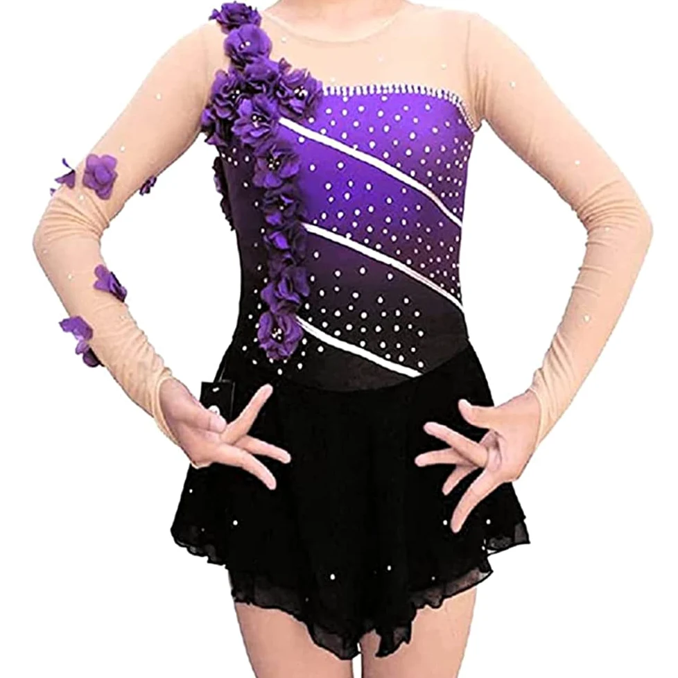 LIUHUO - Vestido de patinaje artístico sobre hielo, color morado para niñas y mujeres, de manga larga, con abalorio, para patinaje sobre ruedas