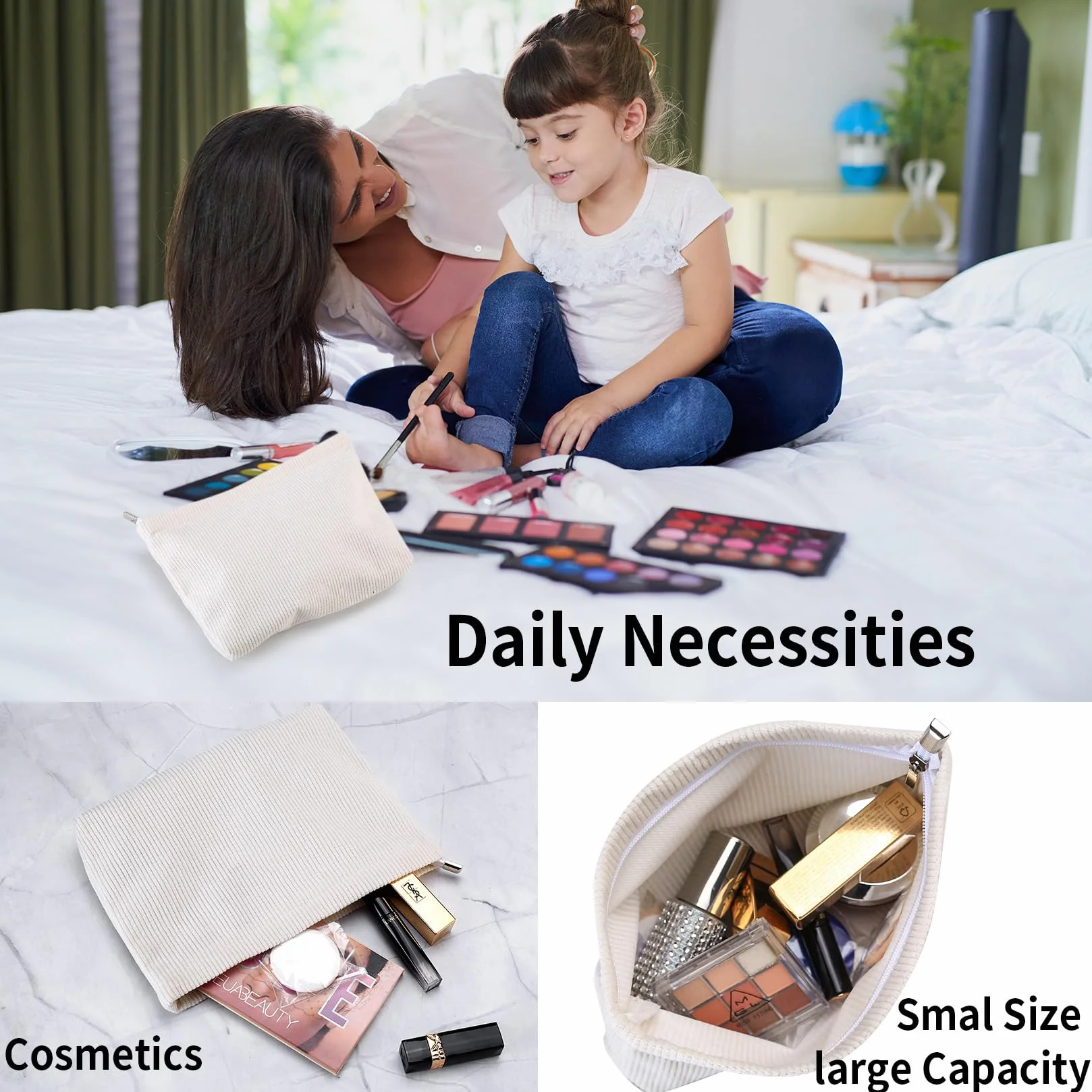 4 bolsas de cosméticos para mujer, pequeñas bolsas de maquillaje de viaje para bolso de mano, con cremallera, de pana, esencial, 10.24 x 7.48 x
