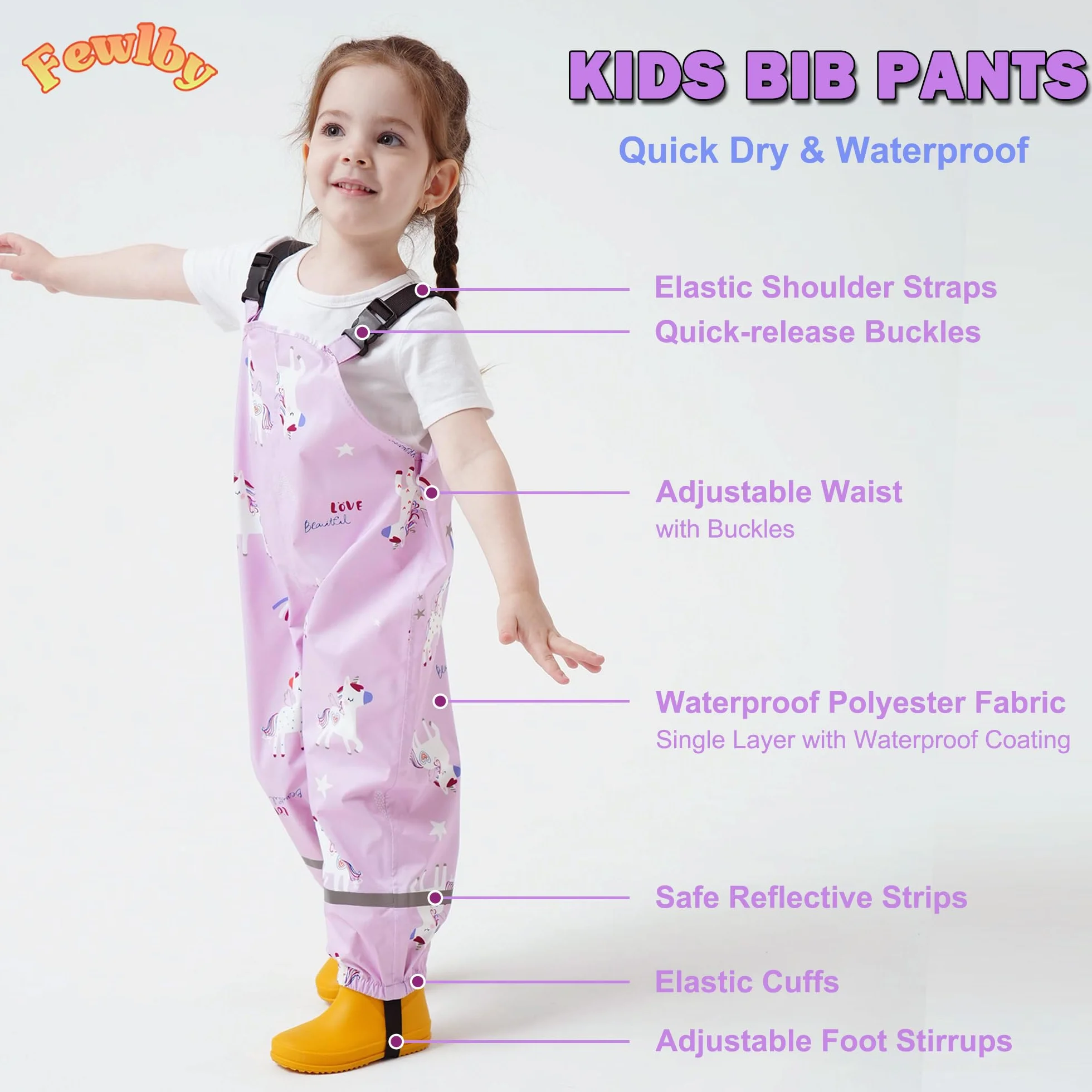 Fewlby Pantalon Impermeable Niñas, Pantalones Barro Peto de Lluvia Niños Mono Impermeable con Tiras Reflectantes Chubasquero Outdoor Traje Impermeable