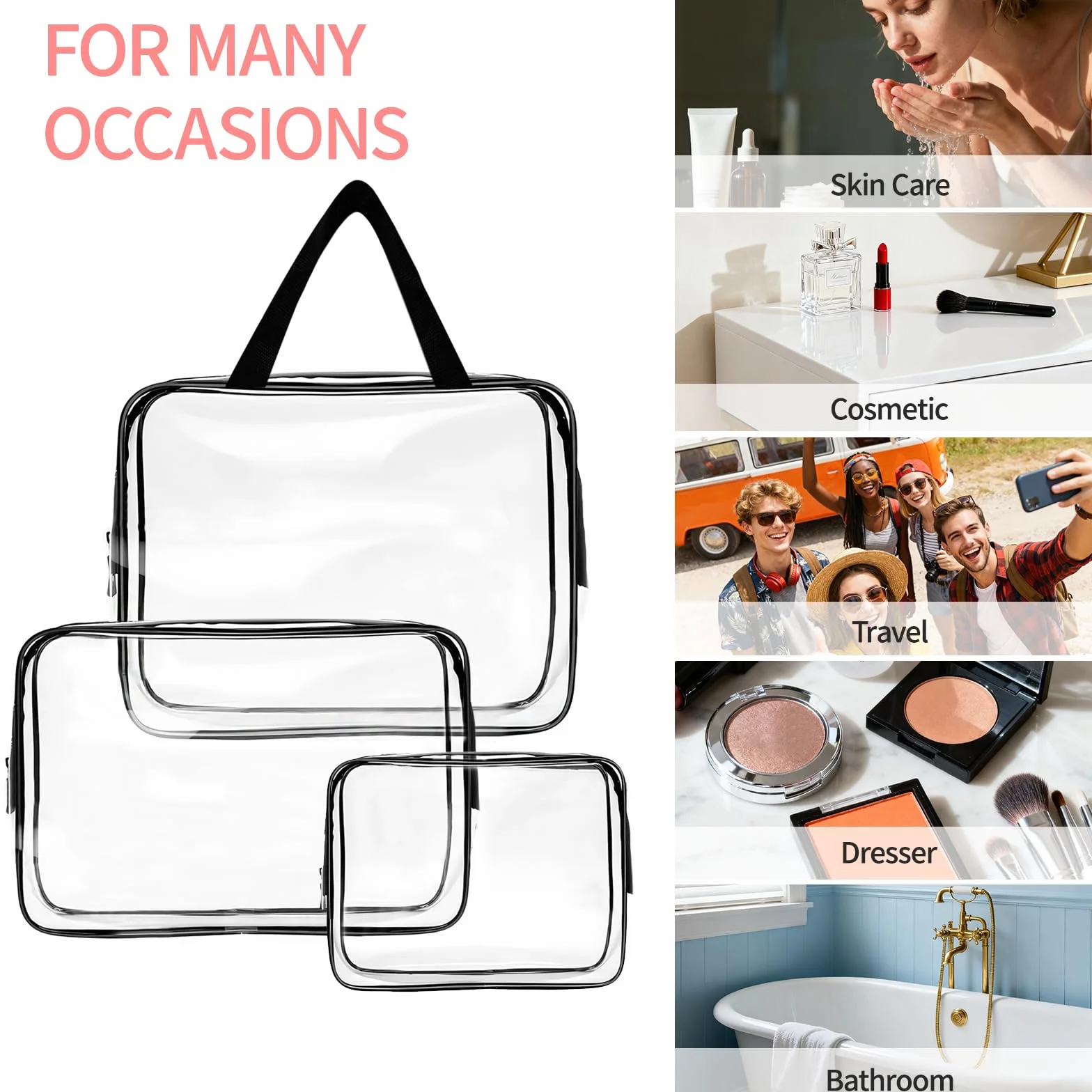 3 PCS Neceser de Aseo, Bolsas Portátil de Maquillaje de PVC, Transparentes Bolsa de Cosmético Organizador Mujer Impermeables, Hombre y Mujer, para Viajes, para Viajes, Almacenamiento, Baño