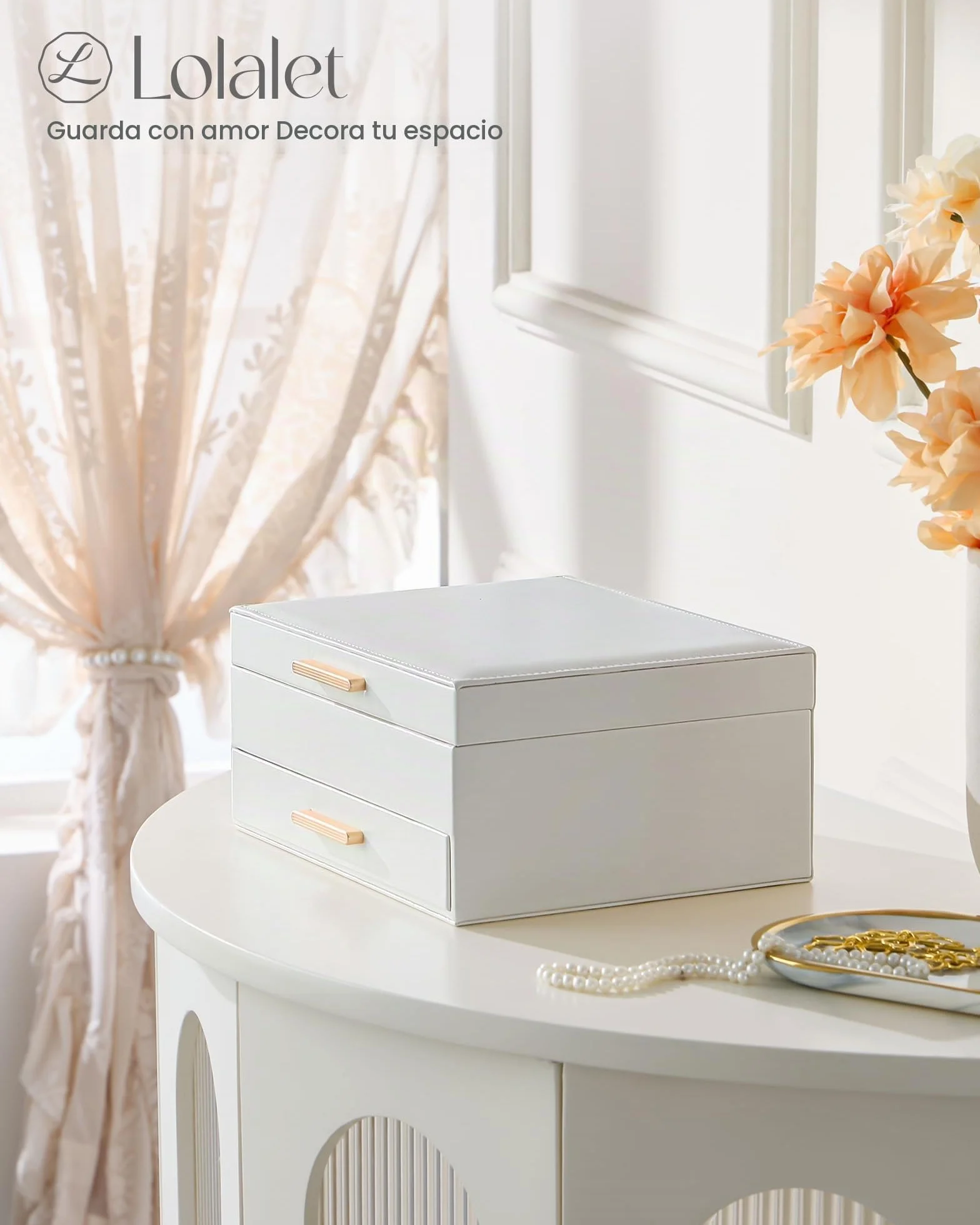 Lolalet Caja para Joyas de Doble Capa, Estuche Joyero Organizador para Collares Anillos Aretes Pulseras Relojes, Regalo para Mujer - Blanco