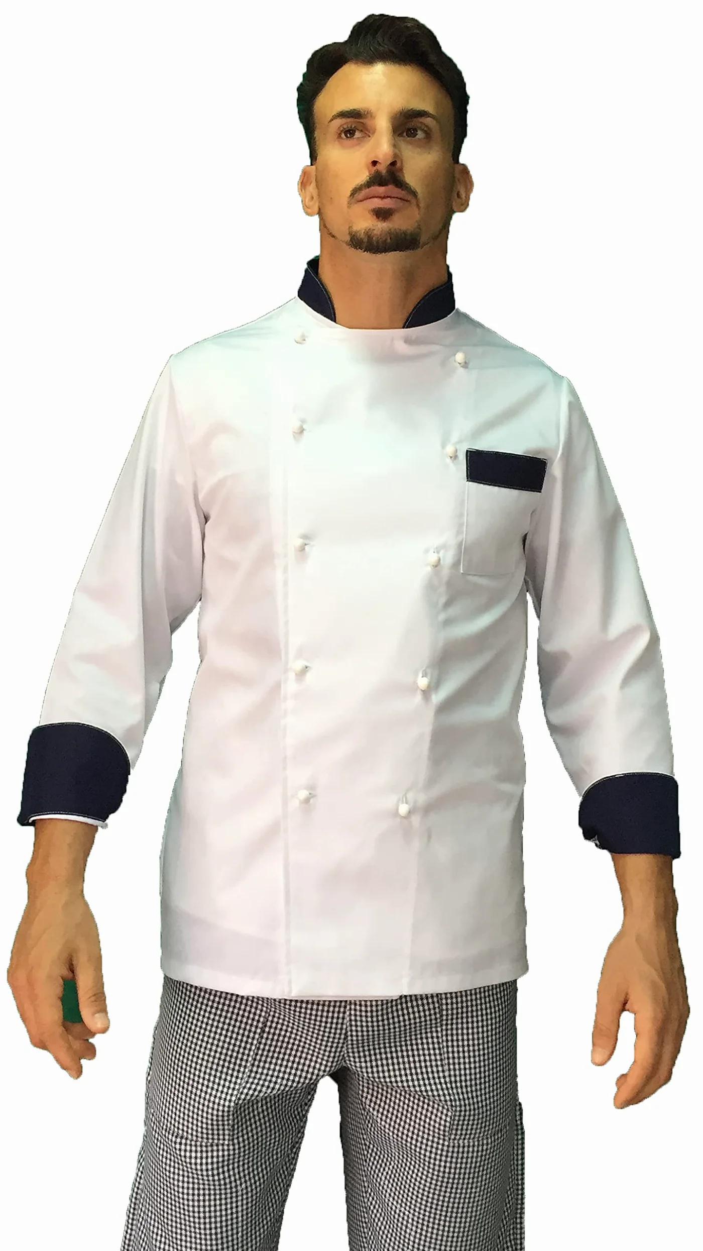 Chaqueta de cocinero para hombre – Blanco/Negro – Casaca Chef – Camiseta personalizable para cocina y restaurante – Fabricado en Italia
