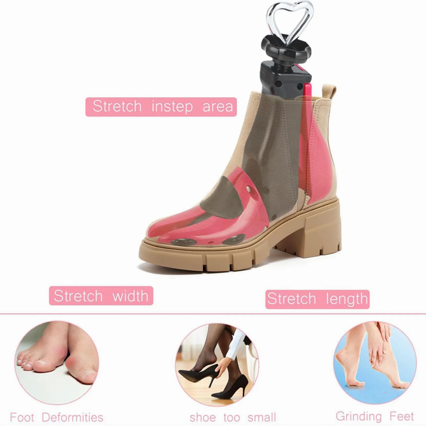 2X Ensanchador de Zapatos para Botas para Hombres, Expansor de Hormas para Mujeres, y Elástico, Botas Unisex Ajustables con Pies Anchos Rosa