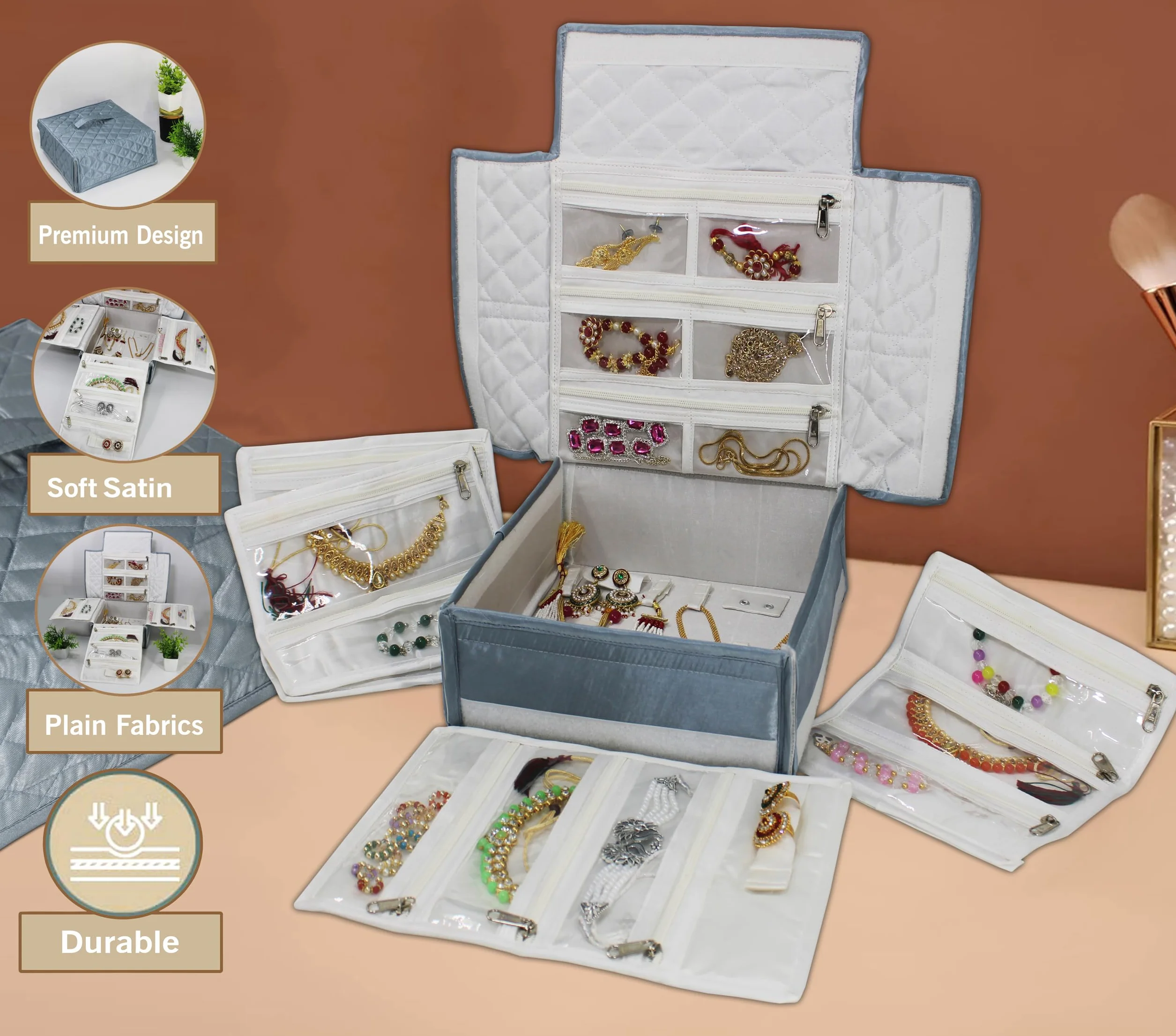 atorakushon Organizador de viaje plegable transparente con cremallera para collares, aretes, anillos, pulseras, color gris