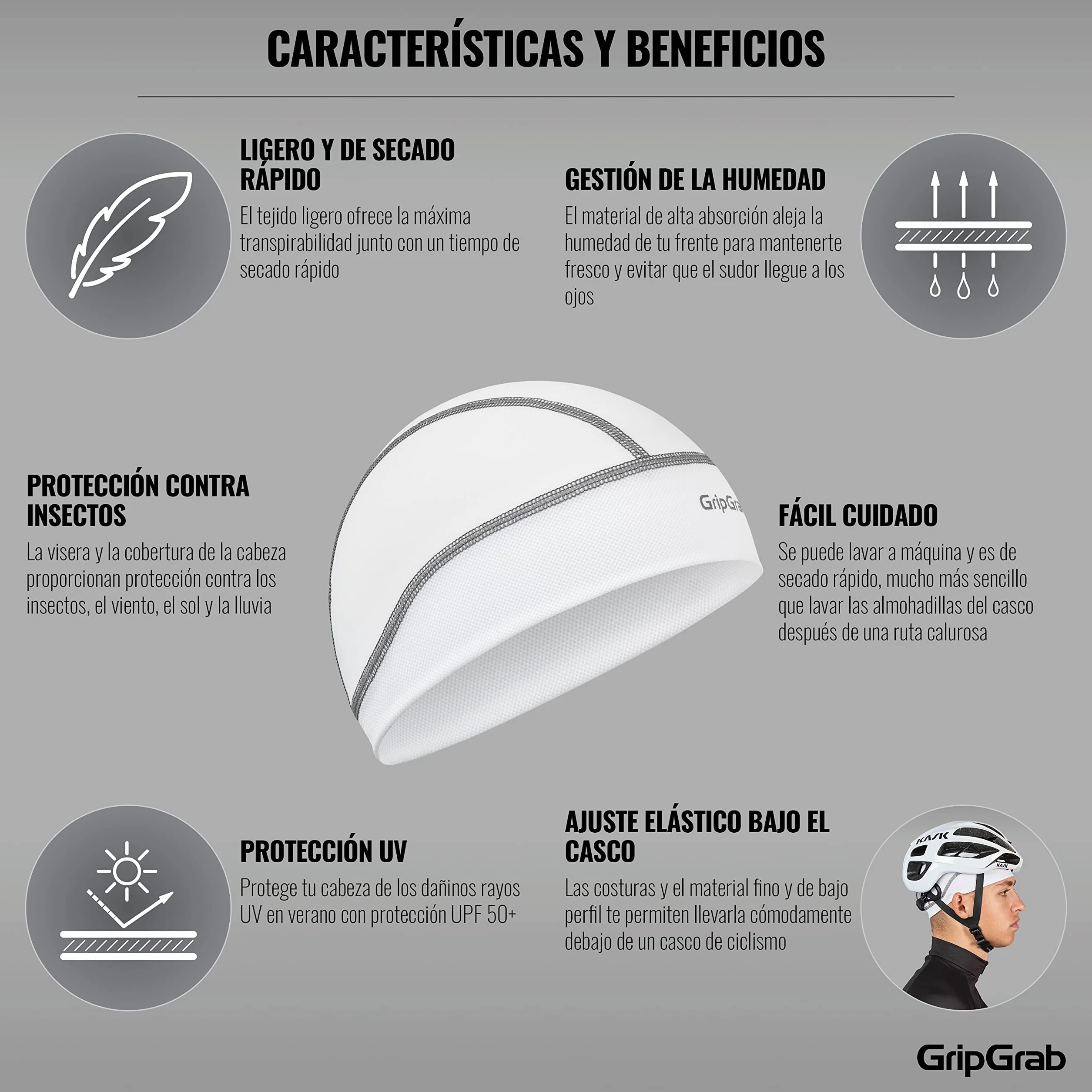 GripGrab Gorro Ciclismo Bajo Casco UPF 50+ Transpirable Protección UV Bici Carretera MTB Gravel