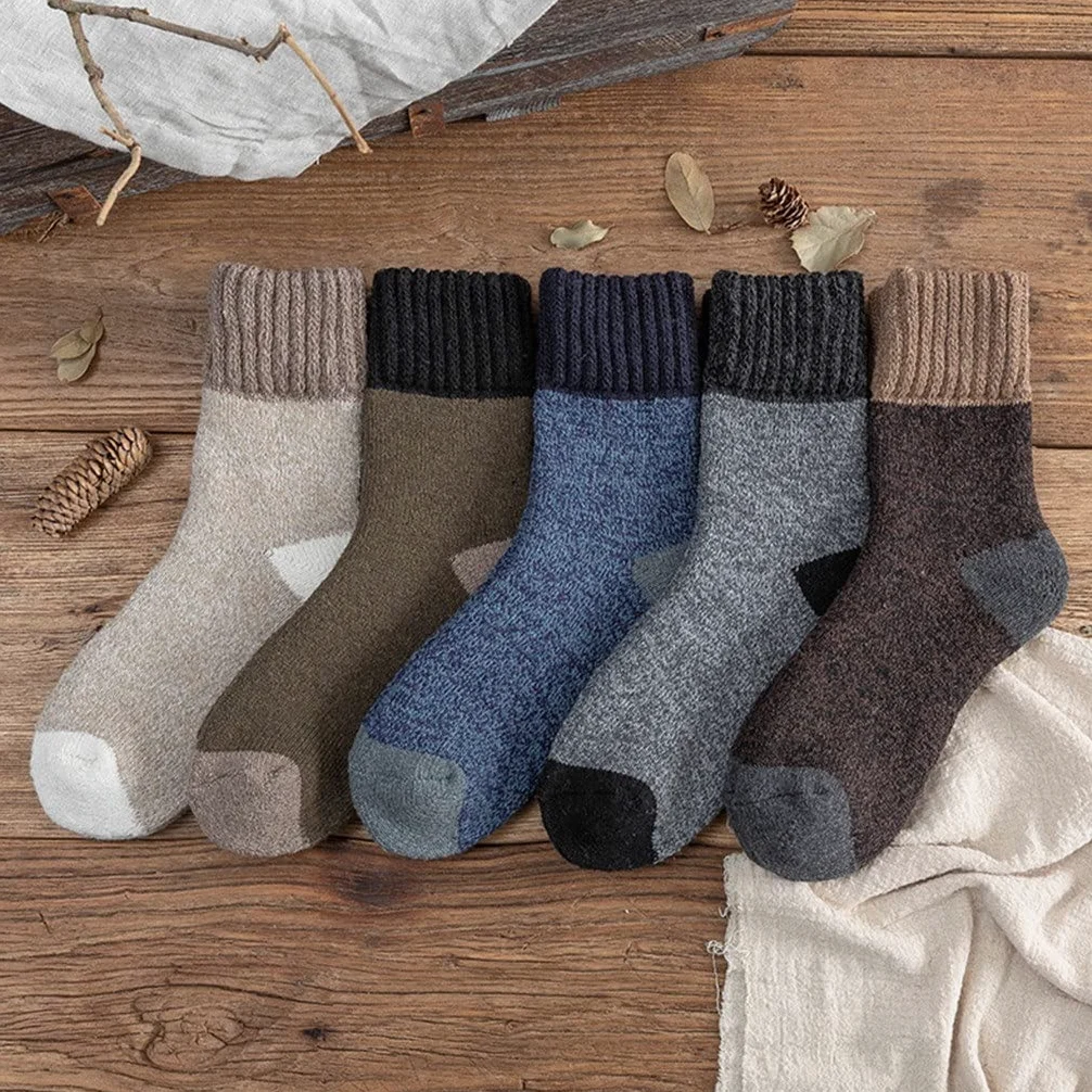 5Pairs / Lote Hombres de Invierno Terry Gruesos Calcetines cálidos súper Gruesos Socks Retro Calcetines de Lana de Nieve Calcetines de los Hombres (Color: 5 Pares Tamaño: 38-45)