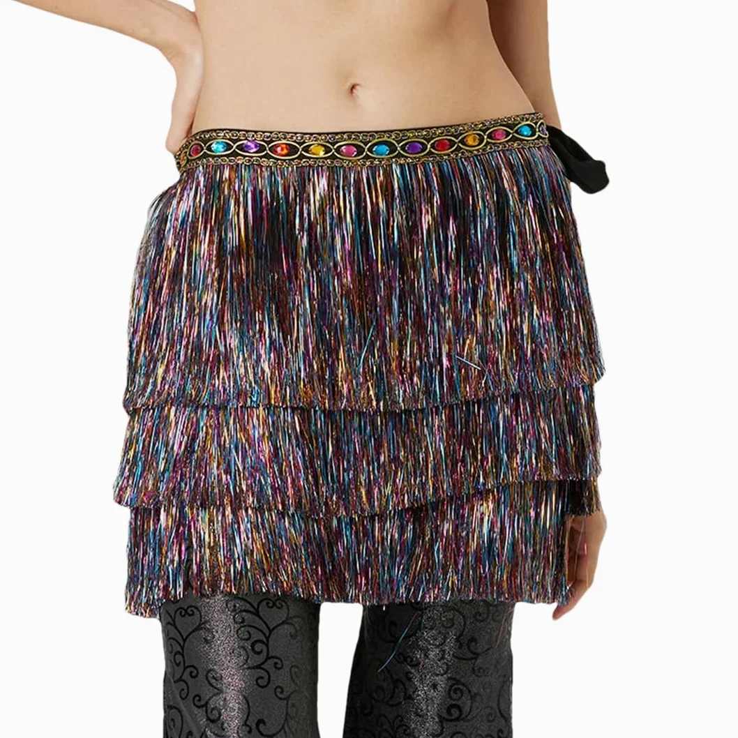 Disimlarl Falda de danza del vientre para mujer, con borlas, bufanda de rendimiento, falda de baile oriental