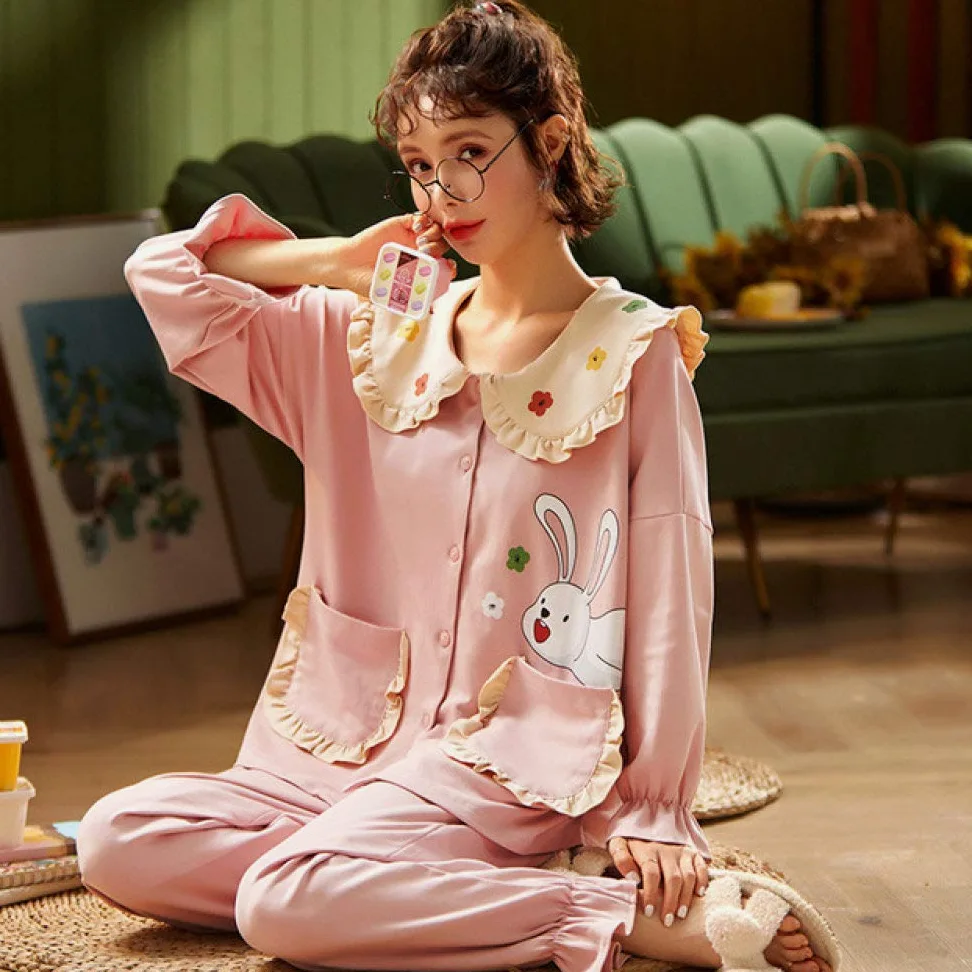 Conjunto De Pijamas De Mujer,Juego De Pijamas De Conejito De Dibujos Animados De 2 Piezas Con Botones De Algodón Pjs Top & Bottoms Ropa De Dormir De Manga Larga Para Mujer Con Bolsillos Ropa De Dorm