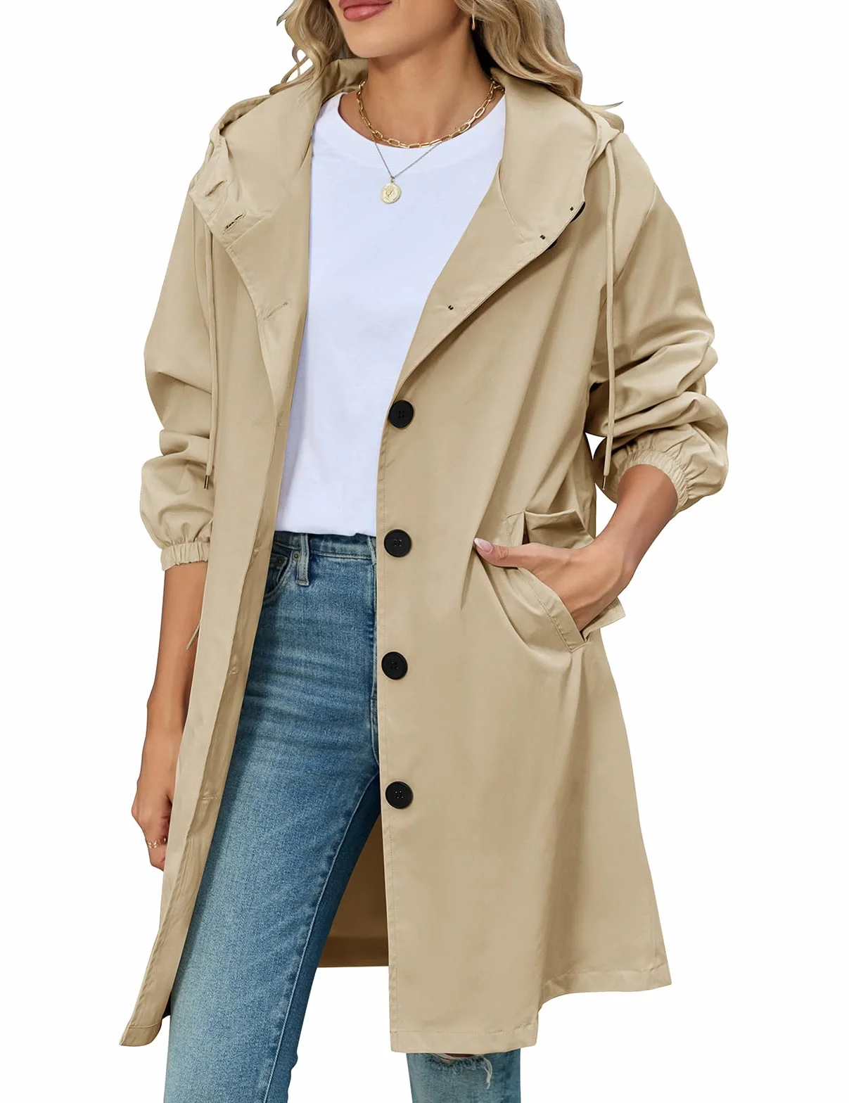 Vancavoo Gabardinas de Mujer Abrigo Largo Trench Coat Cortavientos Primavera Chaqueta con Capucha