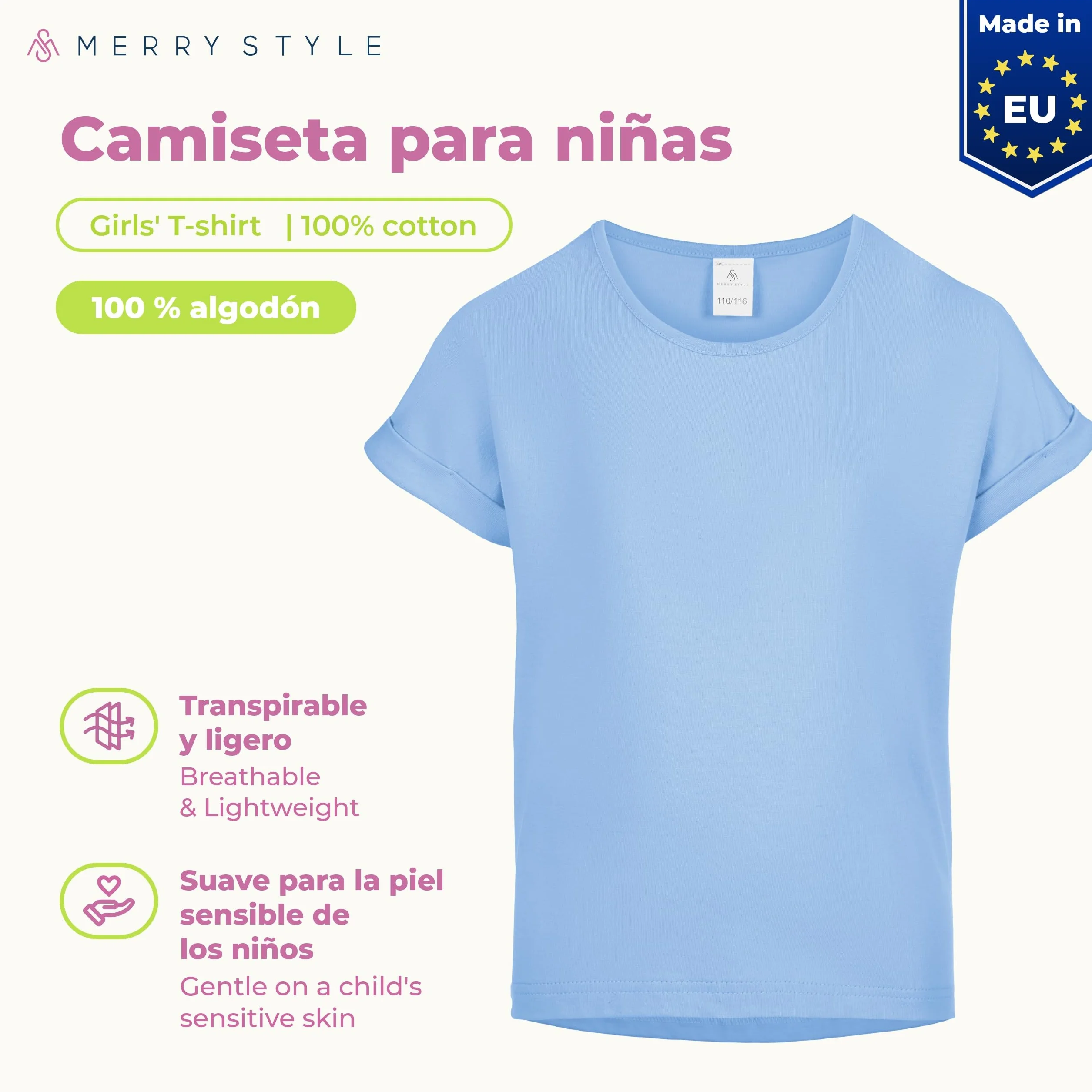 Merry Style Camiseta Niña Manga Corta Algodón, Cuello Redondo MS10-468