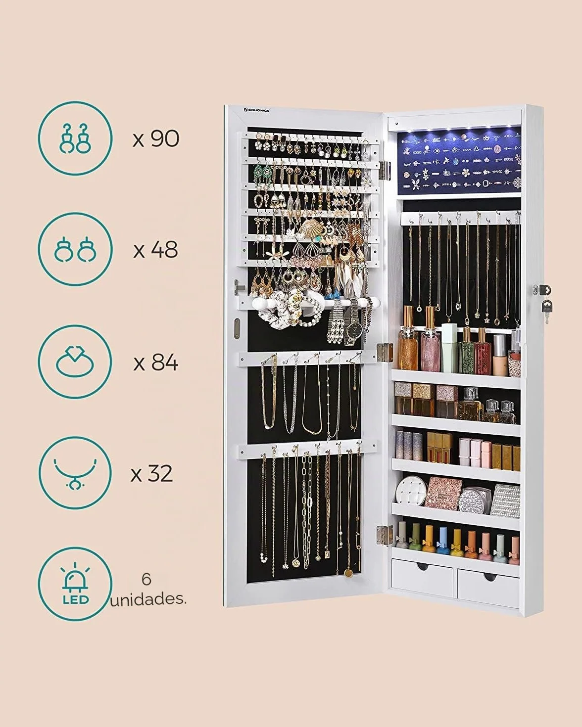SONGMICS Espejo Joyero de Pared, Espejo Joyero Colgante sin Marco, Armario de Joyas con 6 LEDs para Colgar en la Pared o en la Puerta, Gran Capacidad con 2 Cajones, Blanco JJC99WT