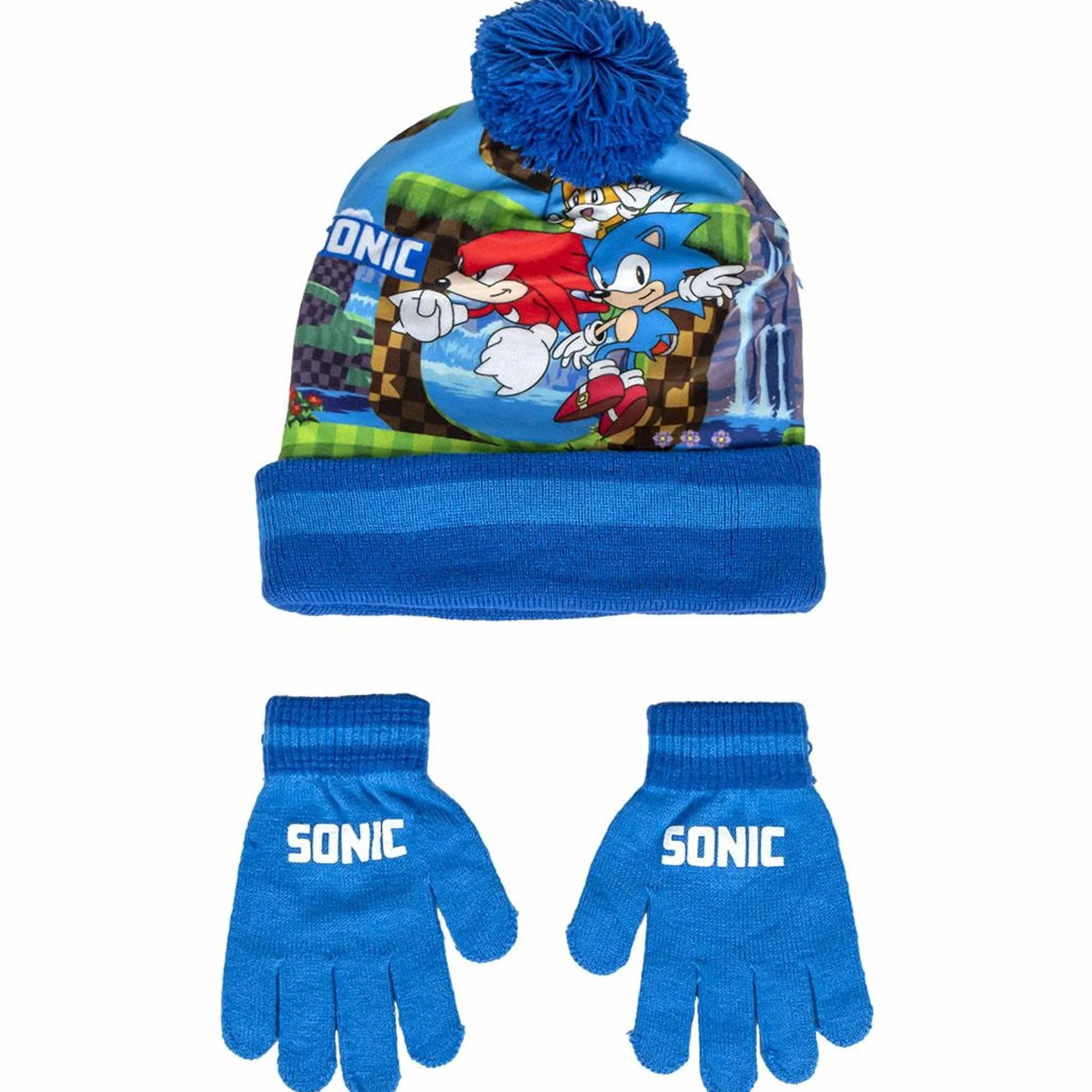 Conjunto de Gorro y Guantes de Sonic - Color Azul, Rojo y Amarillo - Talla Única - Elaborados en Acrílico y Poliéster - Estampado de Sonic, Miles y Knuckles - Producto Original Diseñado en España