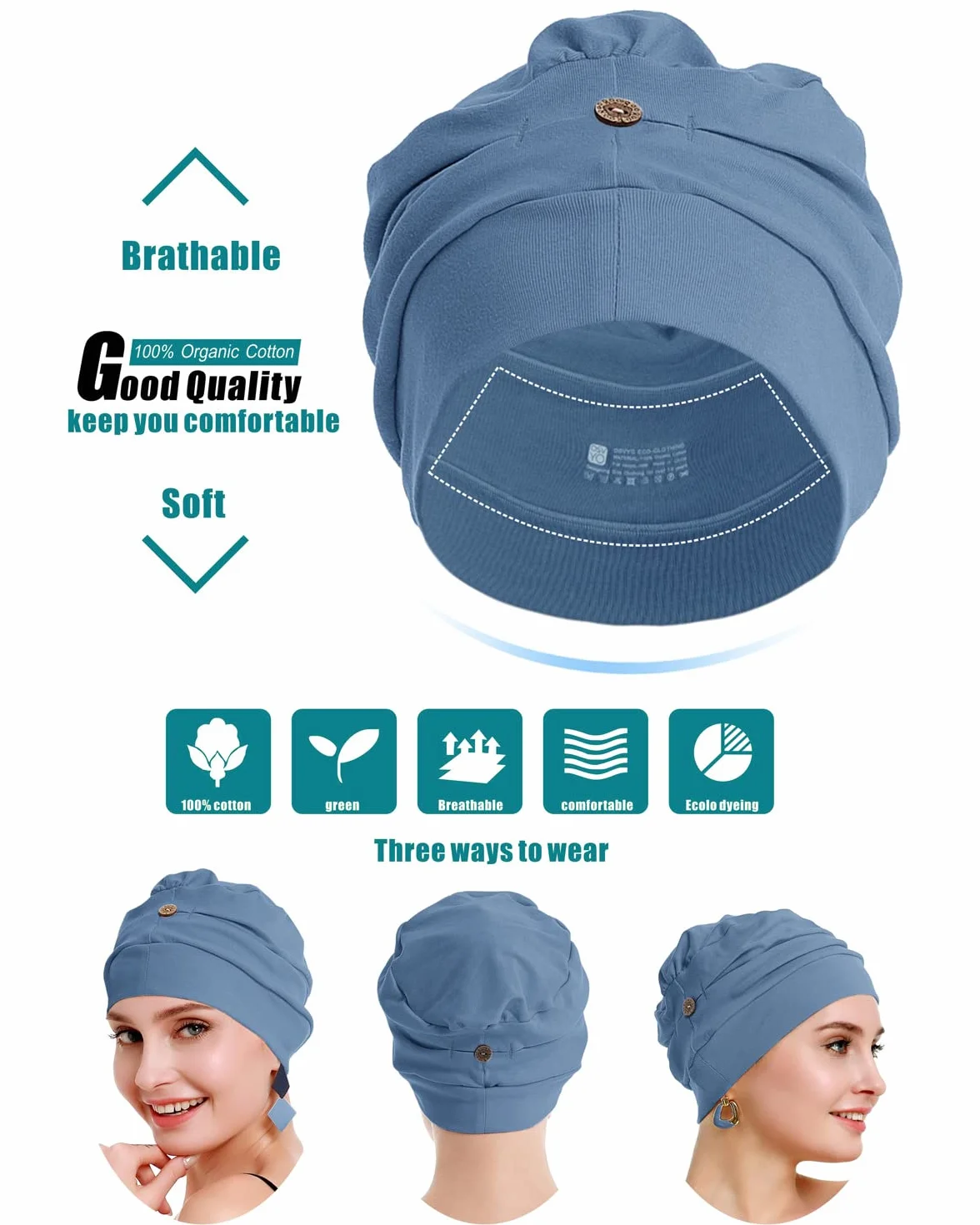 Gorro de algodón para quimioterapia mujer cáncer pérdida de cabello ligero
