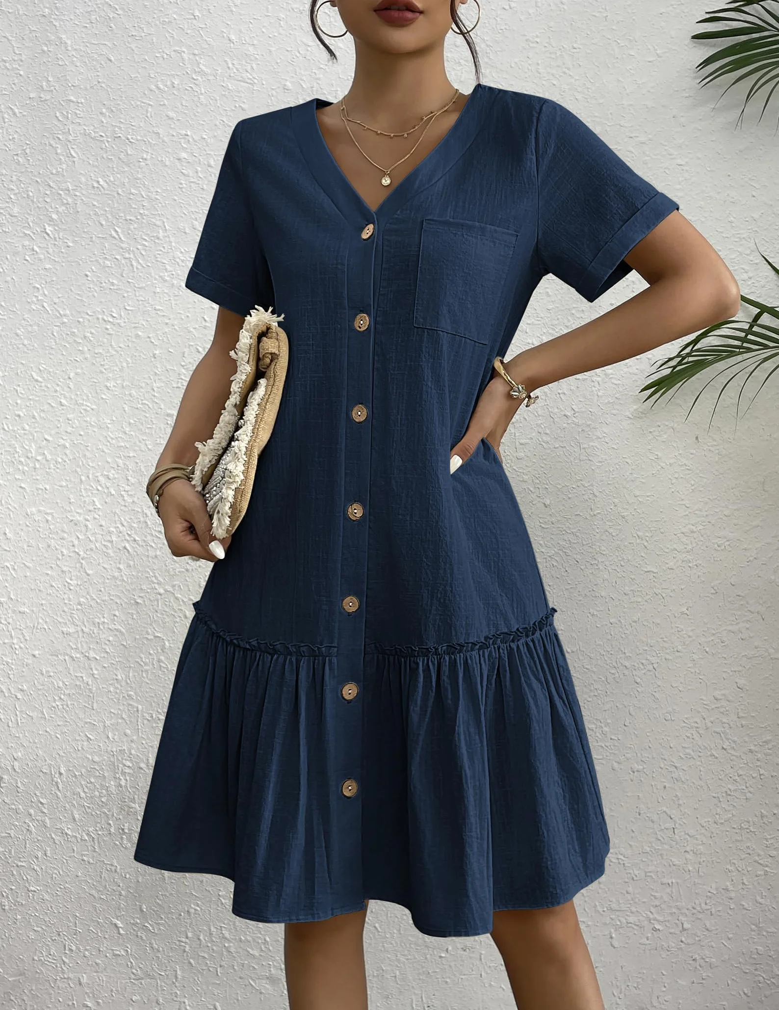 Hotouch Vestido de Lino Mujer Manga Corta Escote V Botones Verano
