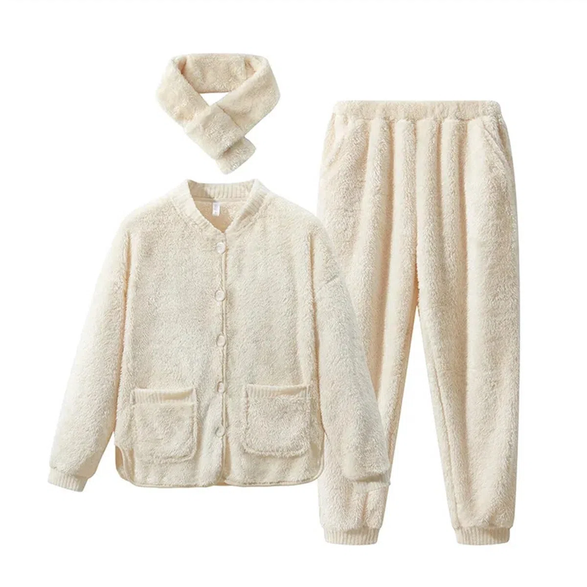 Nuevo Invierno cálido Pareja Ropa de Dormir Mujer Conjuntos de Pijama con Bufanda Espesar Coral Terciopelo Pijama Mujer Talla Grande Pijama Homme Ropa de casa (Color : Beige, Size : XL(170-175CM))