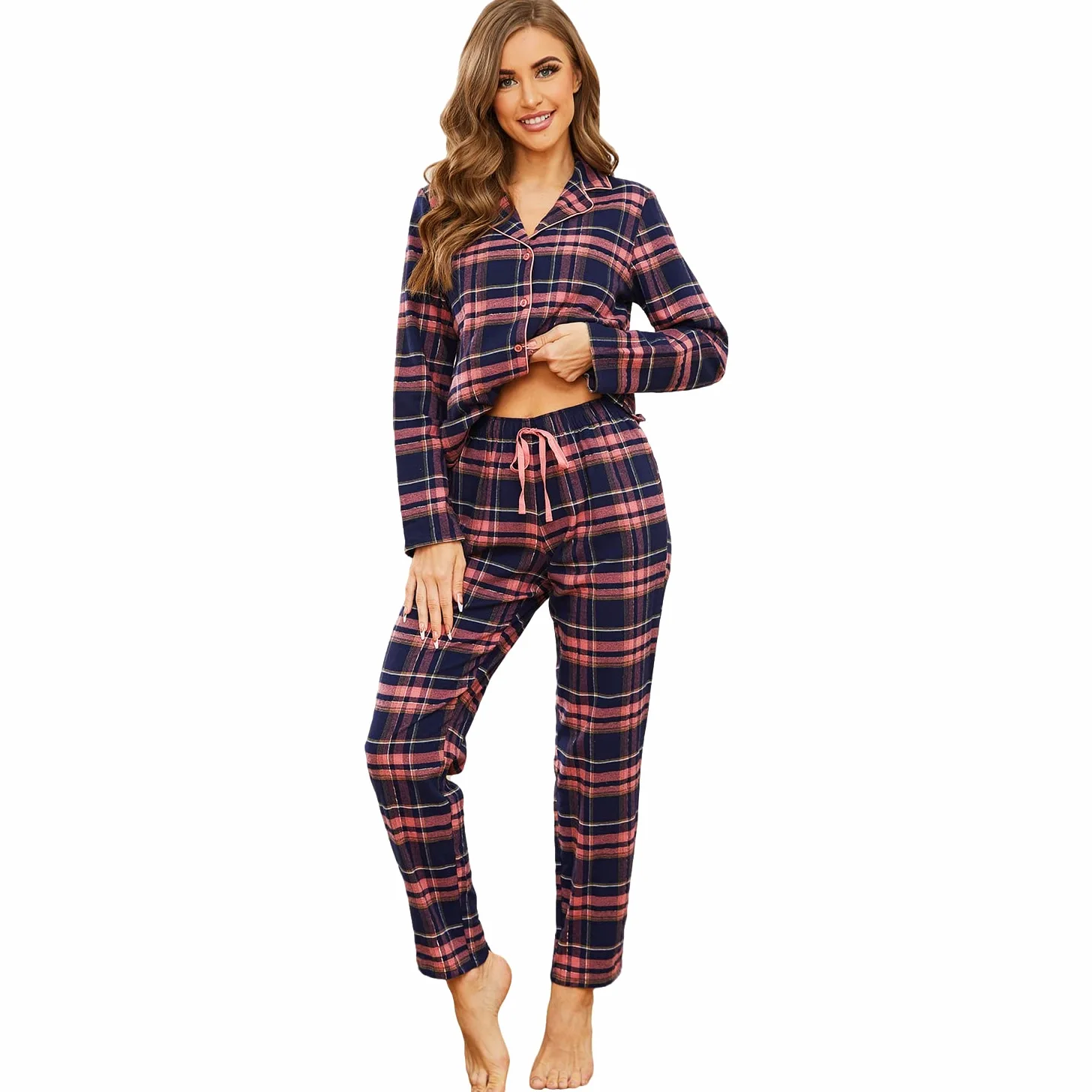 Mnemo Home Pijama largo de franela para mujer 100% algodón de franela