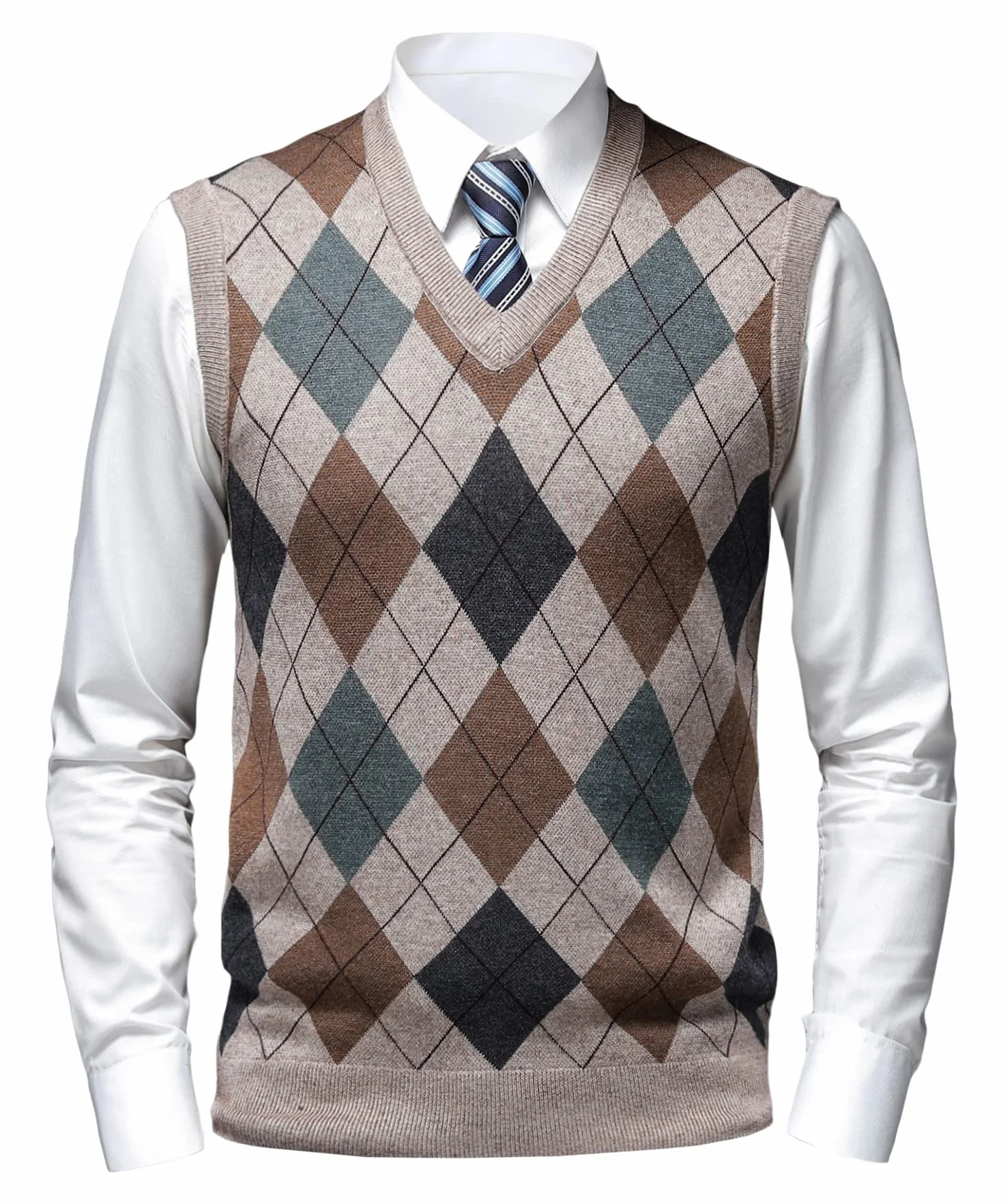 Chaleco de Punto para Hombre Argyle Suéter Cárdigan sin Mangas Jersey con Botón Gentleman Clásico Grueso Tank Tops con Cuello en V Otoño Invierno