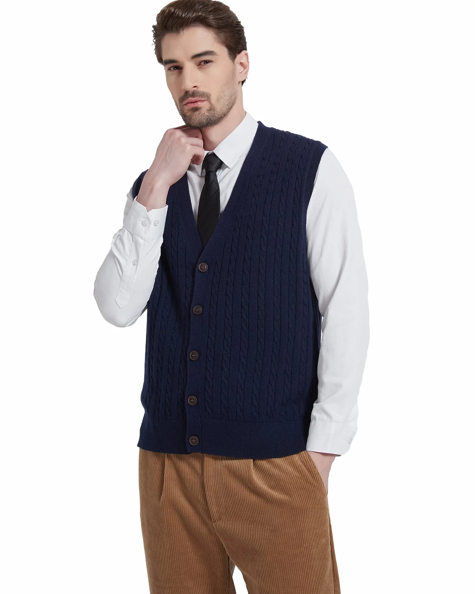 Kallspin Hombres de Lana Blend Chalecos Suéter V Cuello de Punto de Cable sin Mangas de Tejido Tricotado Botón Cardigan