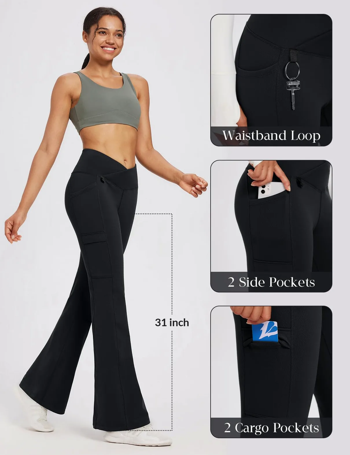 BALEAF Pantalones de invierno con forro polar para mujer, térmicos, cálidos, acampanados, pantalones de yoga cruzados, parte inferior acampanada con bolsillos | Cintura cruzada en V, 2 bolsillos laterales, forro polar suave, no transparente, adecuado para