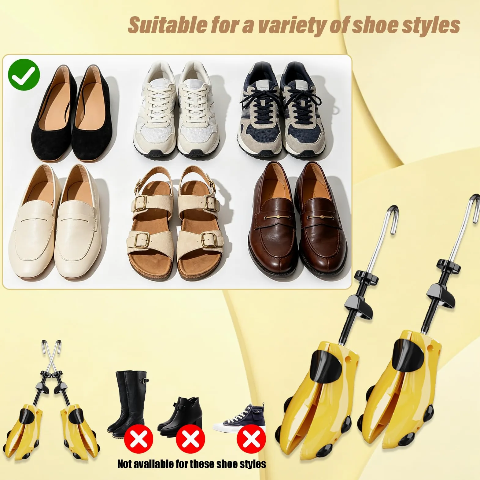 Estirador de zapatos de pies anchos, árboles de zapatos para hombres y mujeres, expansor de zapatos ajustable de 4 vías (para tallas de hombre 6.5-10 de EE. UU.), Amarillo, Man M (suitable