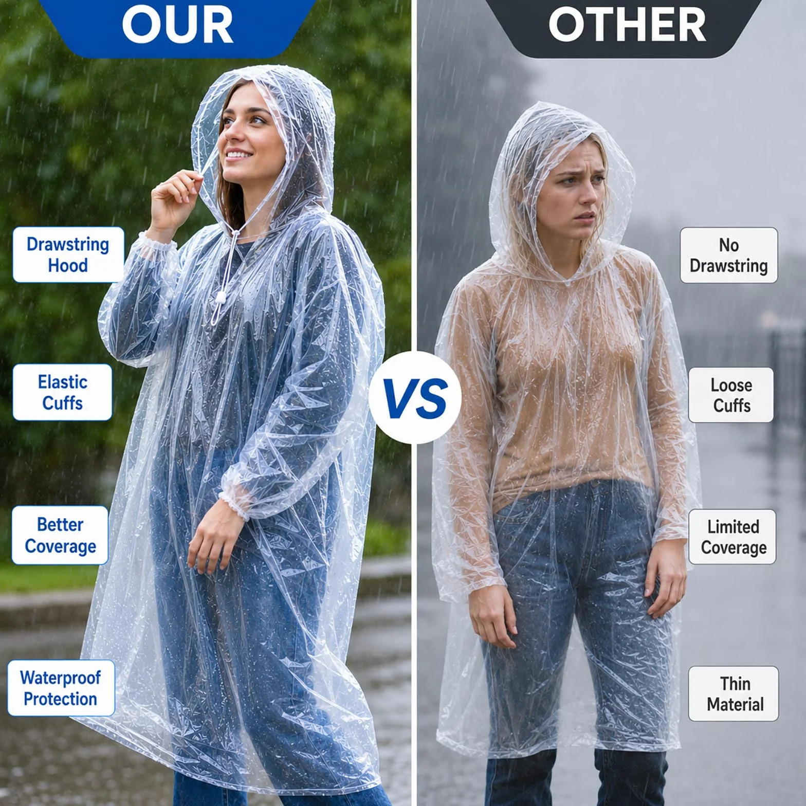 Lote de 4 Ponchos de Lluvia Desechables para Adultos, Capa Transparente Impermeable con Capucha y Mangas Sueltas, Protección Ligera para Senderismo Camping Parque de Atracciones