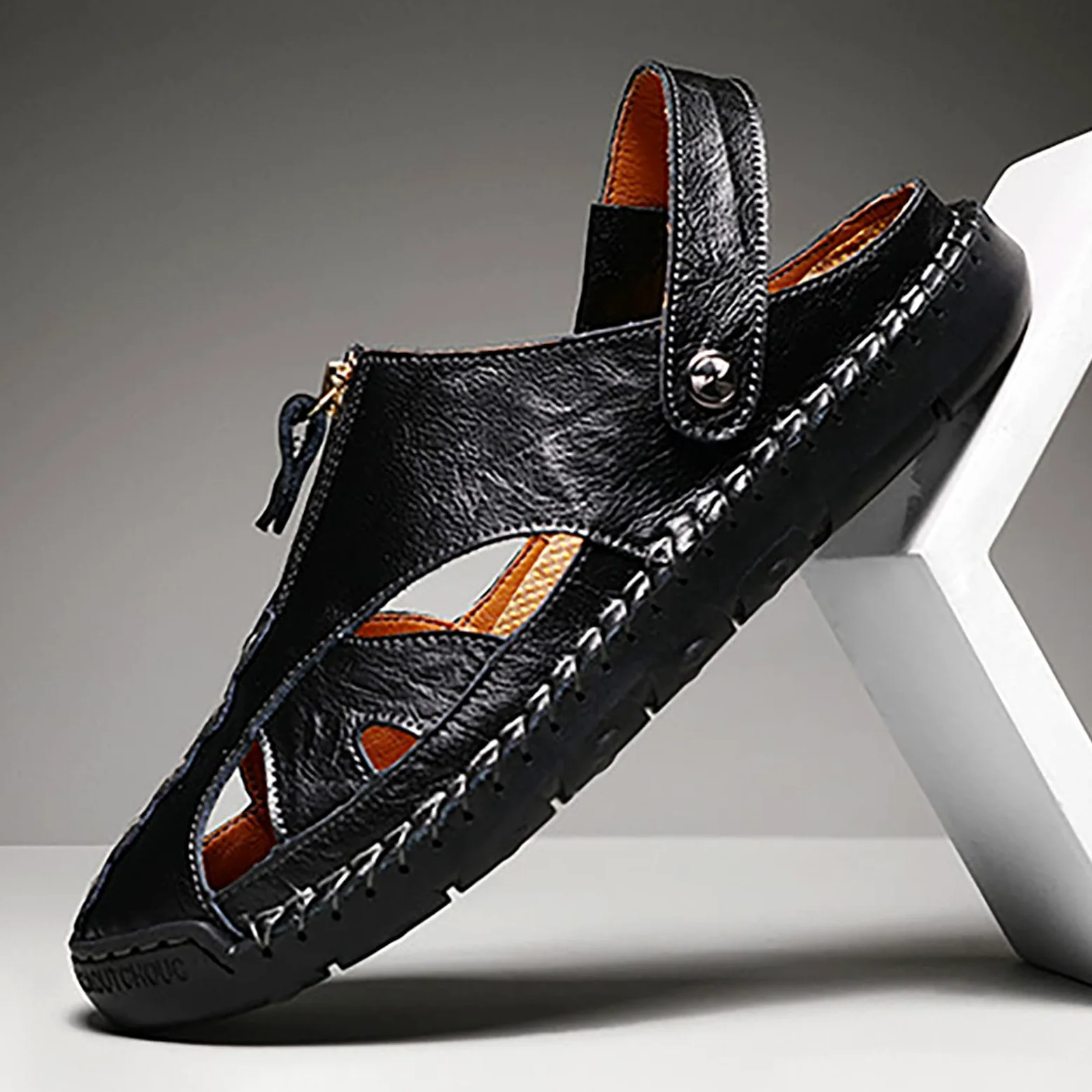 Sandalias Hombre Suela de Goma Cuero con Bandas Ajustables Talla Grande Chanclas Casual Deportivas Transpirable Zapatillas Soporte de Arco Punta Reforzada para Playa Verano Piscina